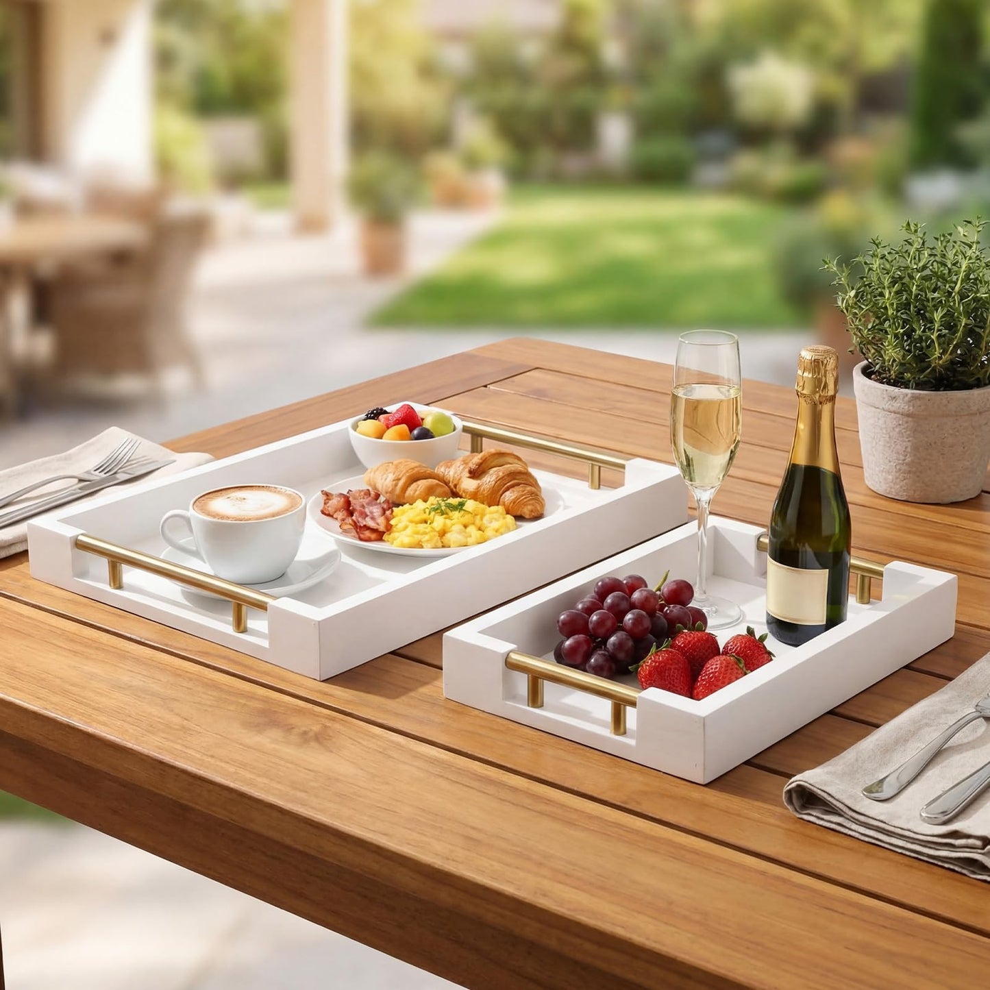 Leinuosen 2 Tier Serving Trays for Party Coffee Table Tray 12"x16" & 8"x12" Large Wooden Ottoman Tray with Gold Handles and Bamboo Stand for Storage Display(White)