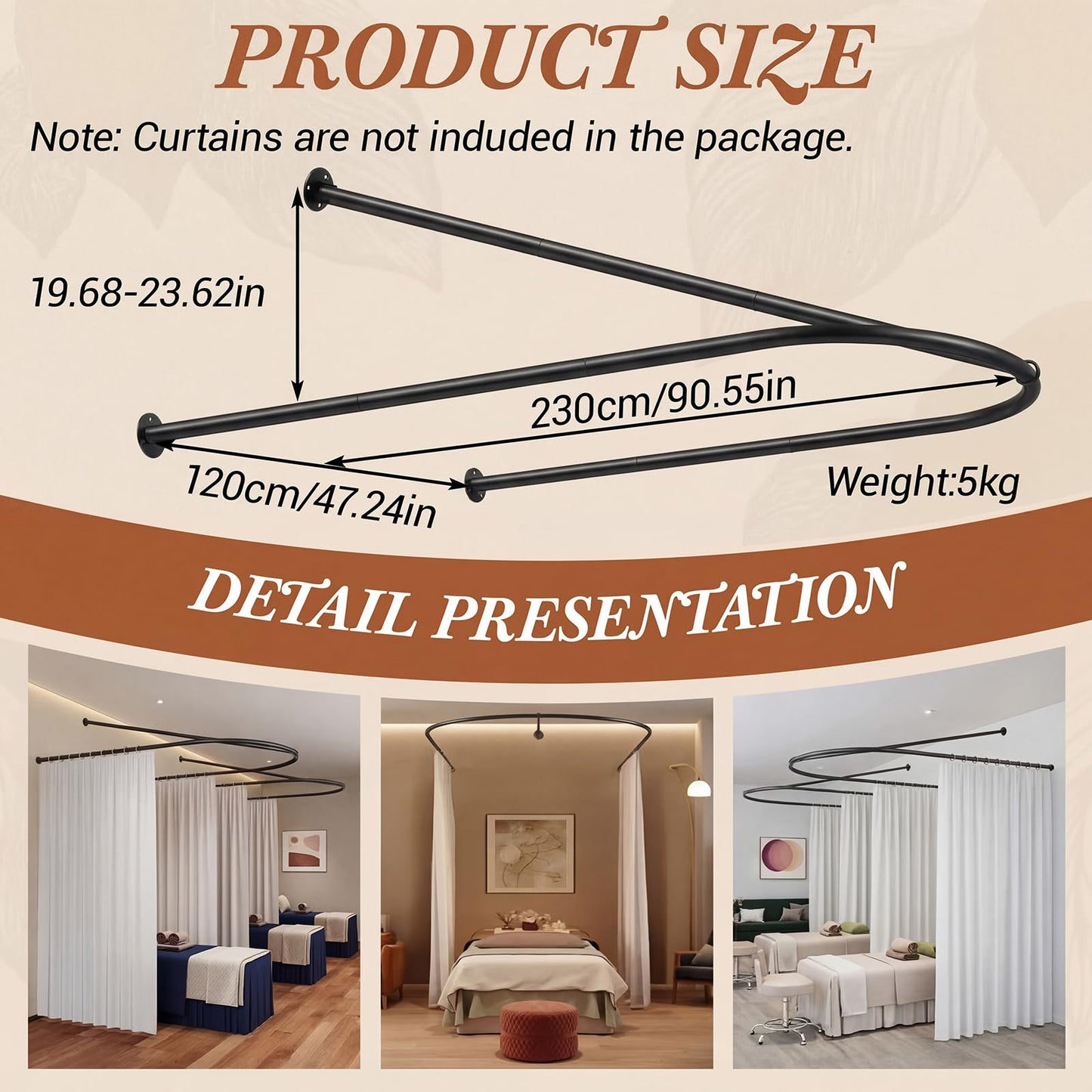Zonon Black U Shaped Room Divider Curtain Rod 90.55" x 47.24" Rod with Ceiling Support Curtain Track, Privacy Divider, for Beauty Salon, Fitting Room, Hospital, Hotel (No Curtains)