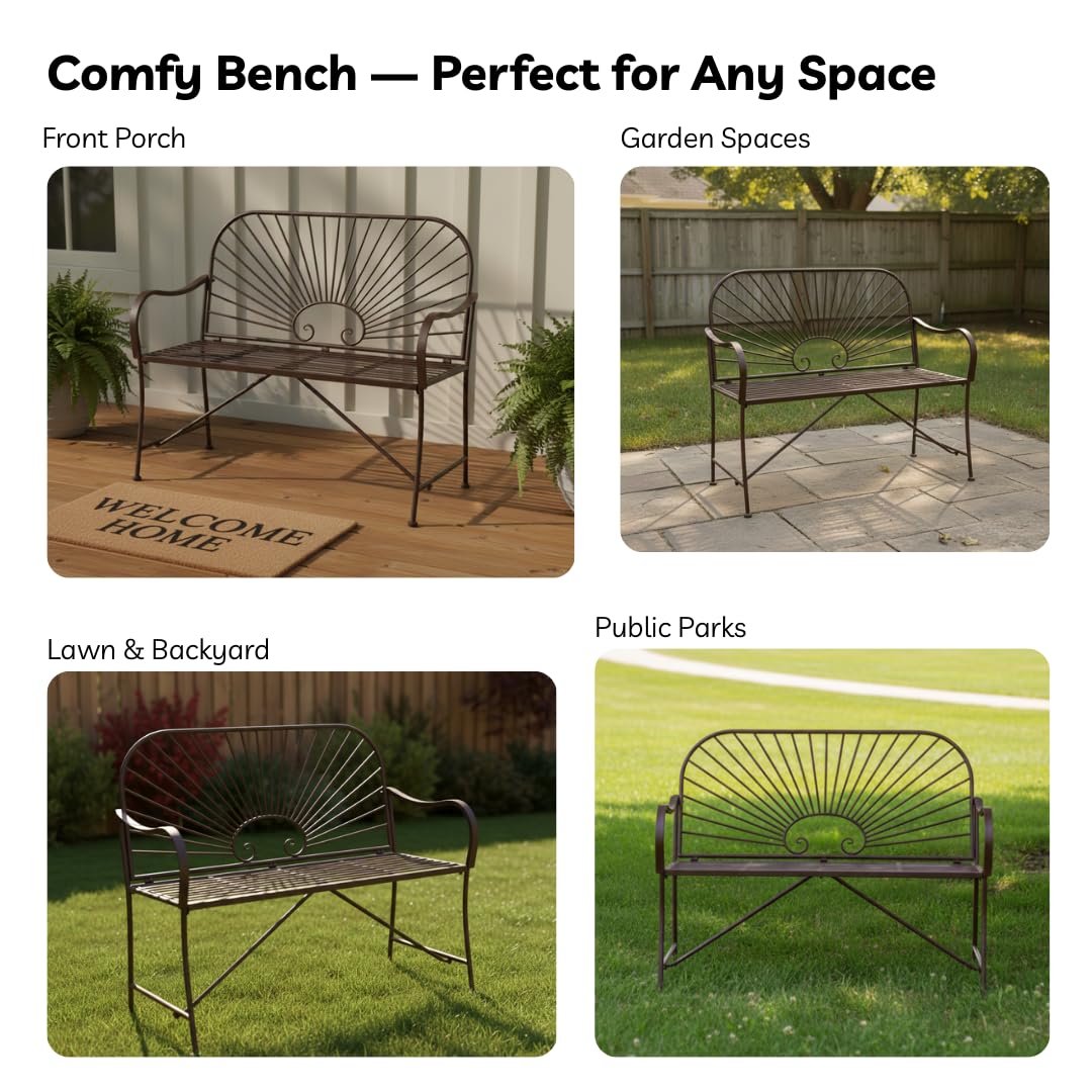 XBrand 44" L Iron Sun-Patterned Seat for Two, Patio & Porch Furniture for Park, Yard, Lawn, Balcony, Backyard – Brown