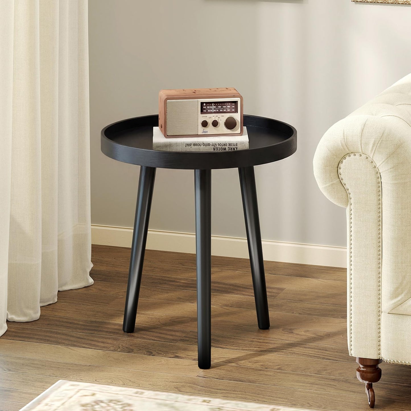 Giantex Round End Table, Mid Century Modern Side Table with Wooden Tray & Bamboo Legs, Sofa Couch Accent Table, Small Coffee Table for Small Space Living Room, Nightstand for Bedroom, Black