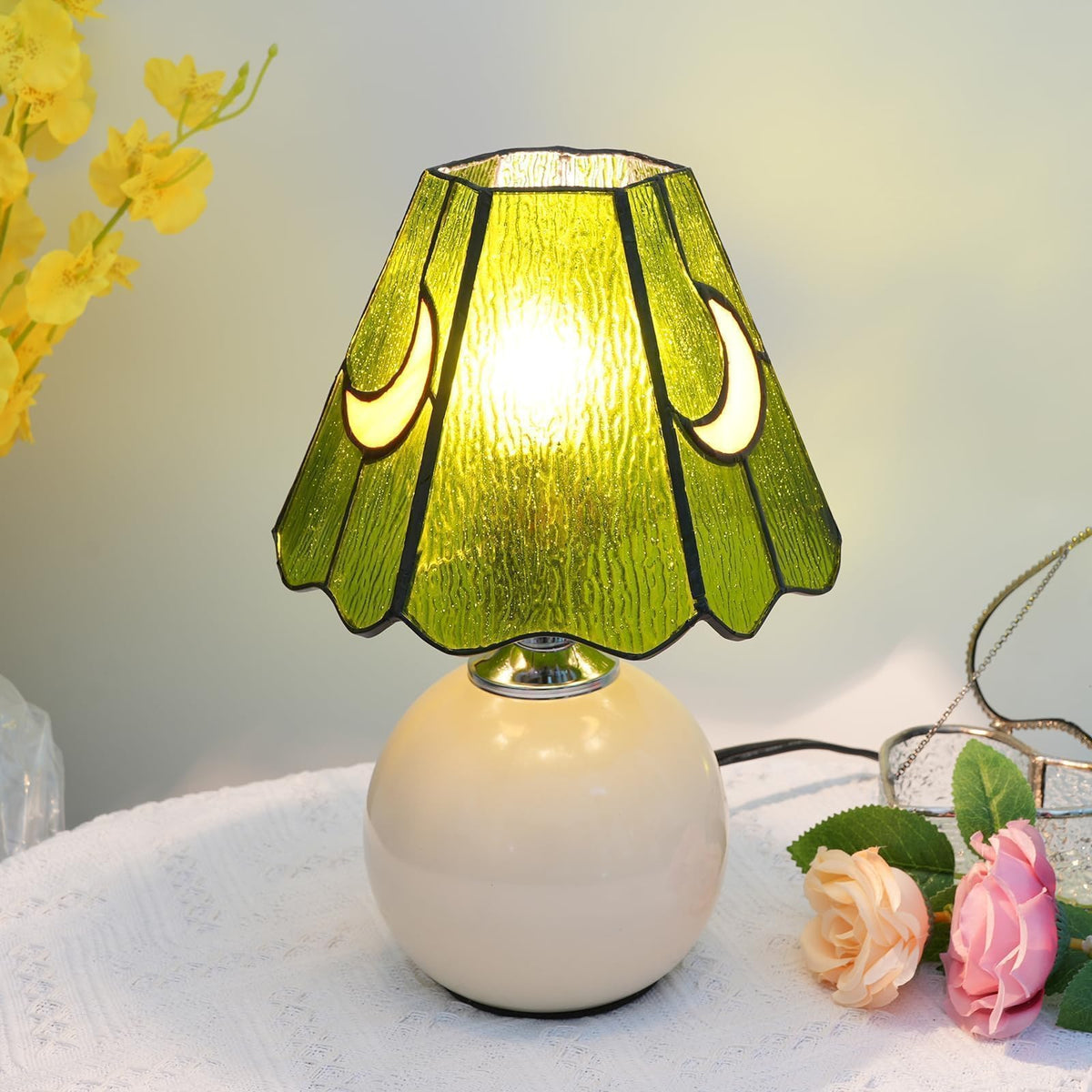 KIPHEPI Tiffany Style Bedside Table Lamp Stained Glass Moon Mushroom Lamp for Bedroom Small Nightstand Lamps for Home Decor Living Room Bedroom Study Nursery Dorm,Green