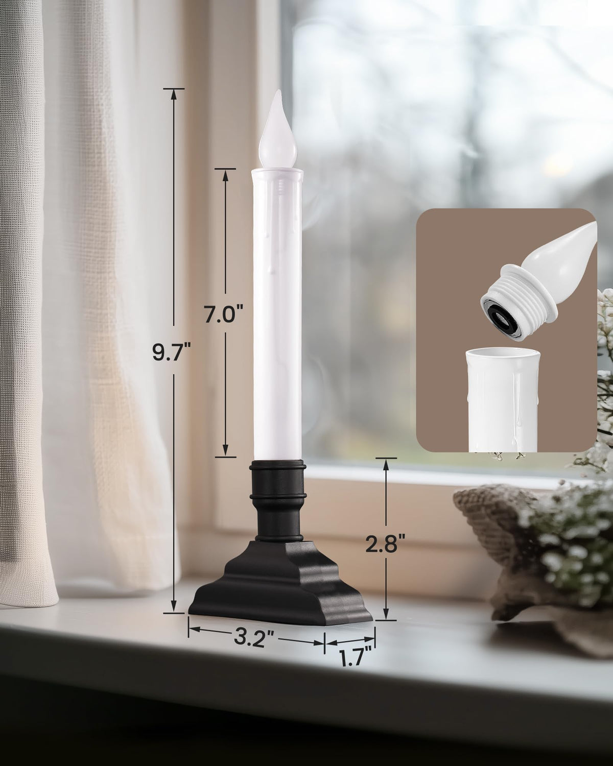 SURAIELEC Battery Operated Christmas Window Candles with Remote, Timer, Dimmable, Window Candle Lights with Removable Candle Holders, Christmas Candles for Window, Mantel, Matte Black, 4-Pack