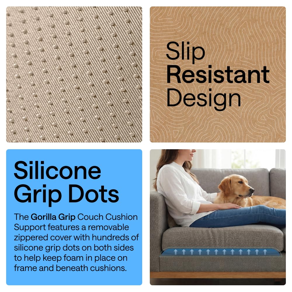 GORILLA GRIP Ergonomic High Density Couch Cushion Support Foam, Quick Rebound Sofa Lifters for Sagging Cushions, Stays in Place with Grip Dots, Replacement Stuffing, 20x19x1.75 Inches, 1 Pack, Beige
