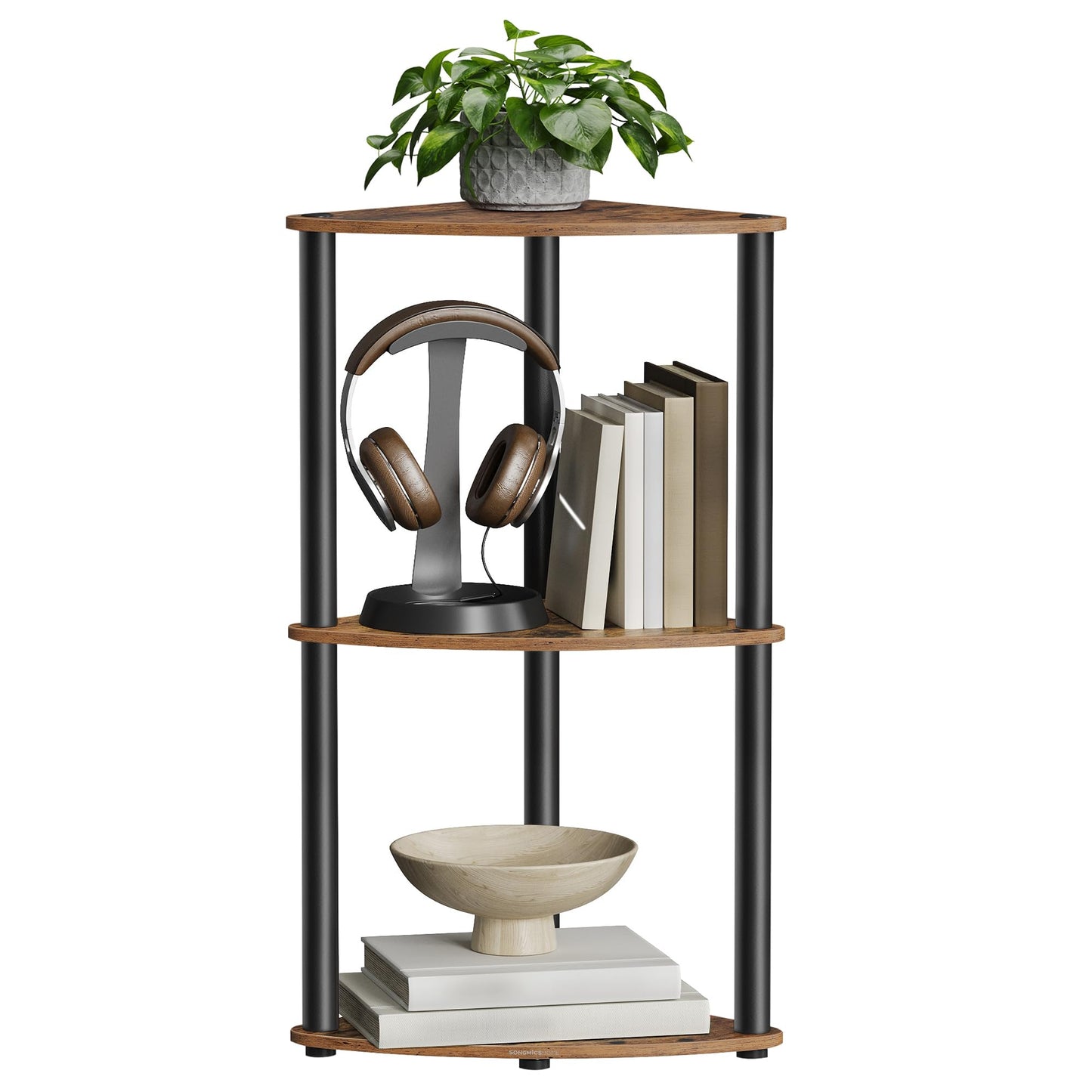 SONGMICS HOME Superfast Toolless Assembly, Corner Shelf Stand, 3-Tier Corner Standing Shelf, Living Room, Bedroom, Kitchen, 15 x 10.6 x 27.8 Inches, Rustic Brown ULBC620K01
