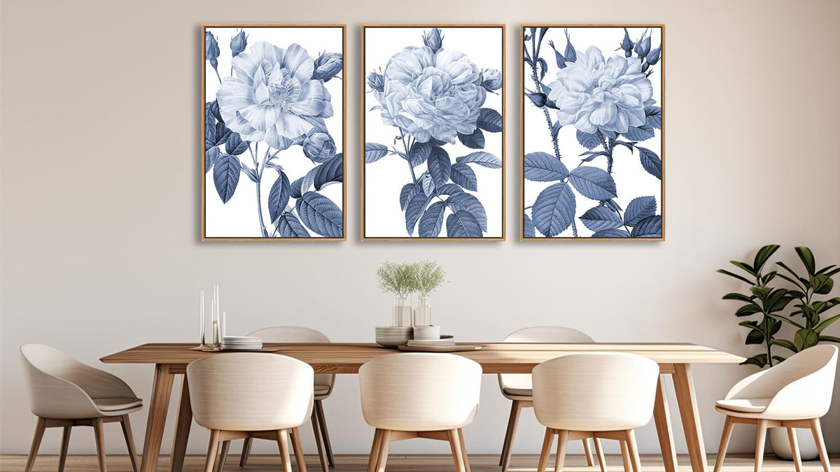 Large Framed Canvas Wall Art - Natural Float Framed Blue Gray Flowers Pictures Decor Rustic Blossom Leaves Botanical Artwork for Living Room Bedroom Kitchen Home Office Decoration 60" X 28" Set of 3