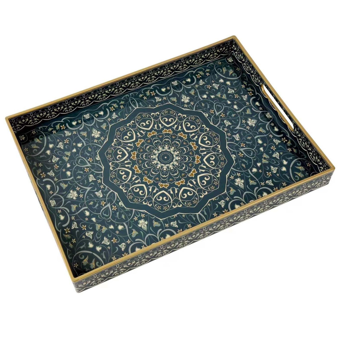Fuukou Plastic Serving Tray with Handles,Large Ottoman Tray for Living Room,Large Rectangle Trays for Ottoman Coffee Table,Decorative Blue Boho Serving Trays for Home Decor,16" x 12"