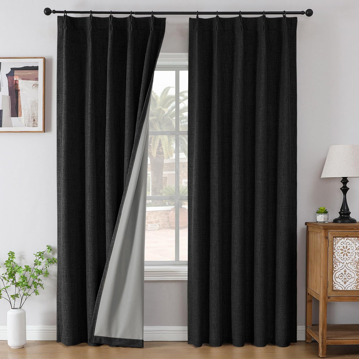 Joydeco Pinch Pleated Curtains - 100% Blackout for Bedroom, Black Linen Curtains 40" W x 90" L, Thermal Insulated 2 Panels Light Blocking Drapes, Back Tabs for Living Room