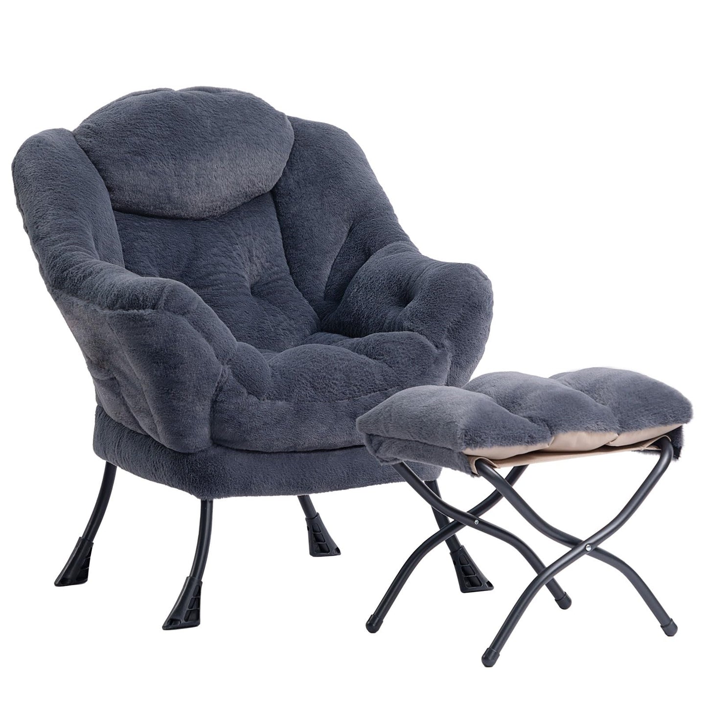 HollyHOME Lazy Chair with Foldable Ottoman, Accent Comfy Lounge Armchair and Folding Footrest Stool, Leisure Sofa Reading Chair and Footstool for Living Room, Bedroom, Dorm,Faux Fur Navy Blue