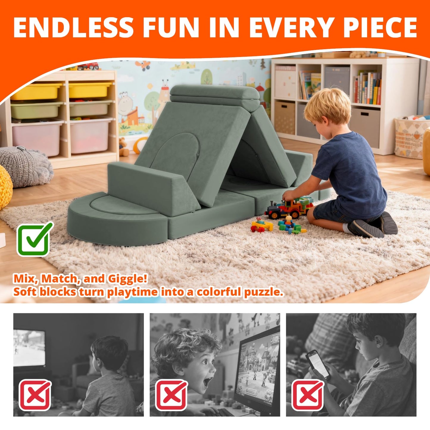 Fvkind Modular Kids Play Couch 16pcs, Toddler Couch for Playroom, Bedroom, Toddler Modular Play Sofa, Kids Sofa Building Fort with Convertible Foam Cushion for Boys and Girls, Green
