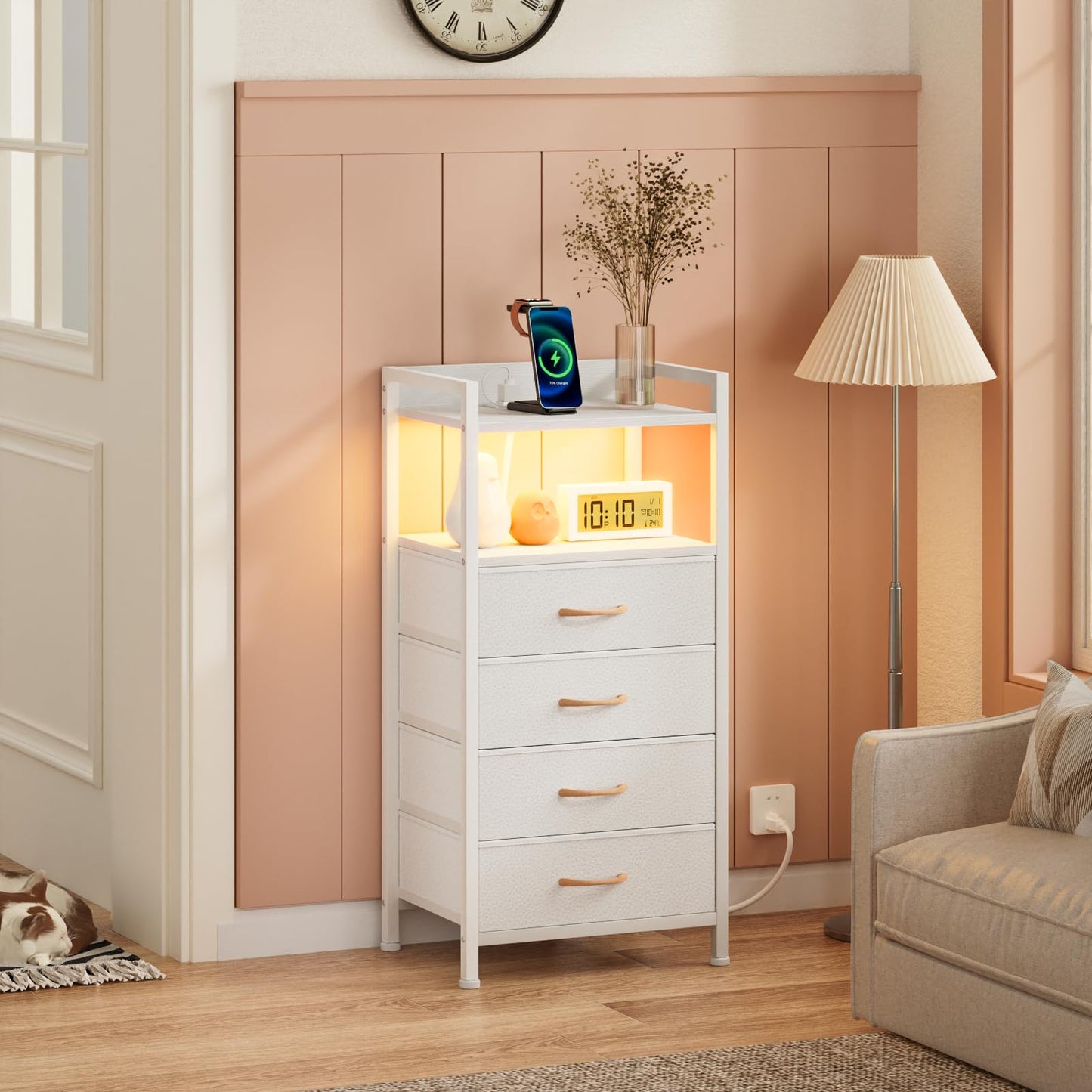 Furnulem White Nightstand with Charging Station, Night Stand Side Table with Led Light, Tall Dresser for Bedroom with 4 Fabric Storage Drawers, Metal Frame, Wood Shelf(White)