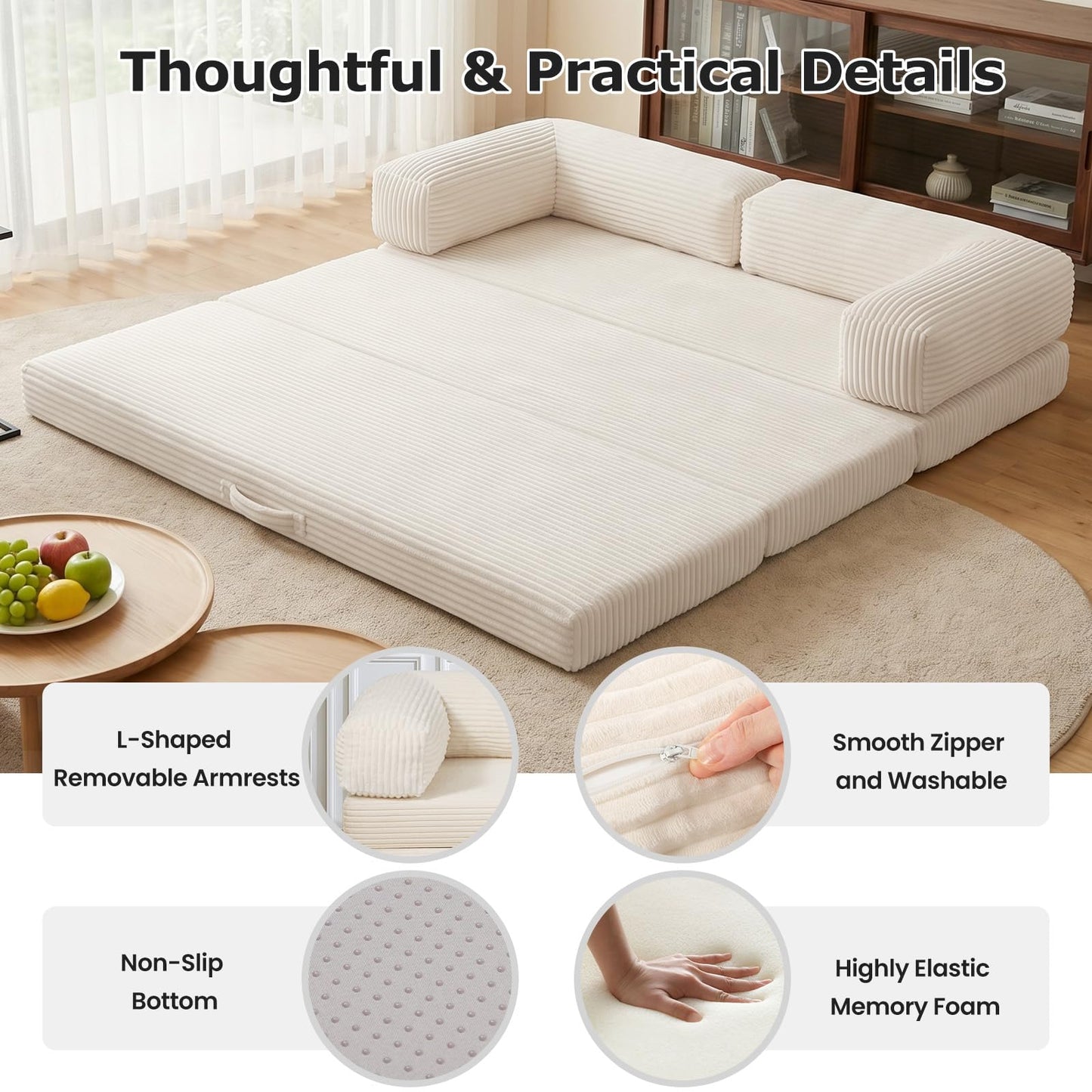 AOLVDOW Convertible Sofa Bed, Tri-Fold Foldable Mattress with Removable Arms & Washable Cover, Portable Mattress Futon Sofa Bed, No Assembly Required & Non-Slip, Queen Size, Beige