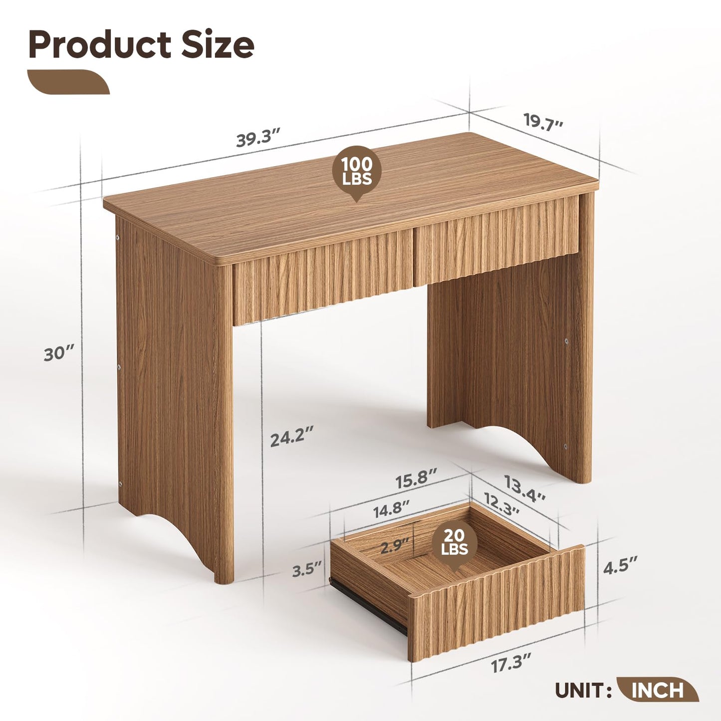 Bestier 40 Inch Fluted Wood Computer Desk with Drawers, Modern Home Office Desk, Compact Writing Desk, Laptop PC Desk for Bedroom, Studio, Study Room, Small Space & Dorm