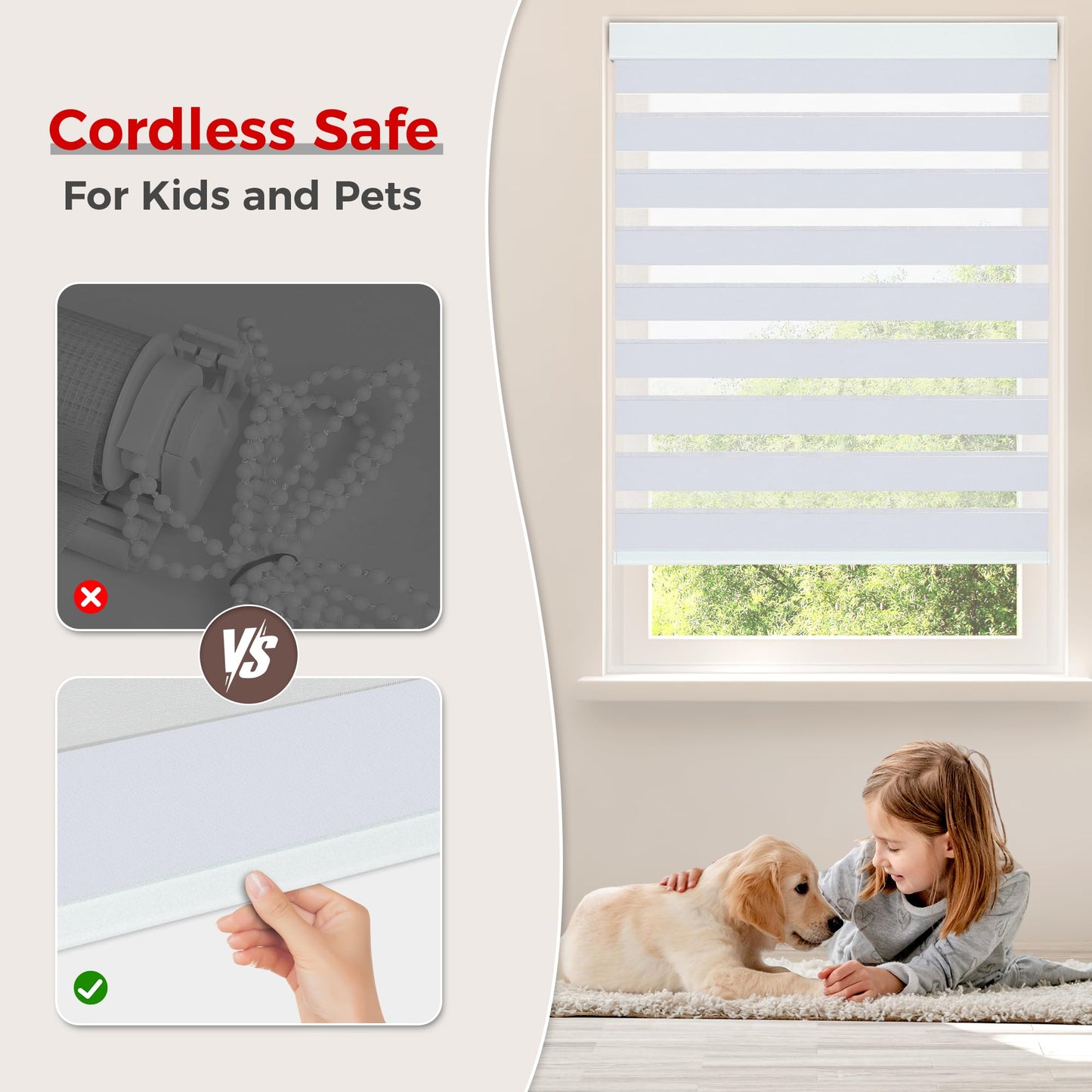 Allesin zen Cordless Zebra Blinds 22" W x 48" H White, Dual Layer Day and Night Shades, Room Darkening Blackout & UV Protection, Child & Pet Safe, Easy Install, Home Office Window Treatment