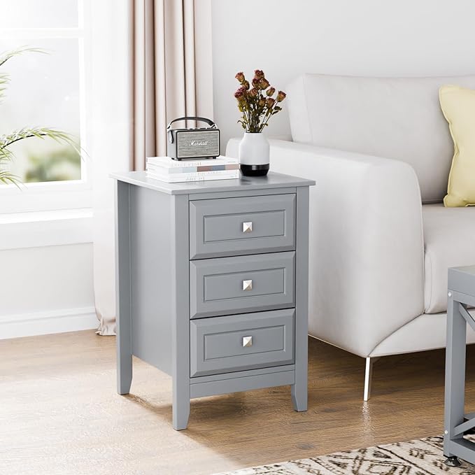 Bonnlo Gray Nightstand with 3 Drawers, Modern Night Stand