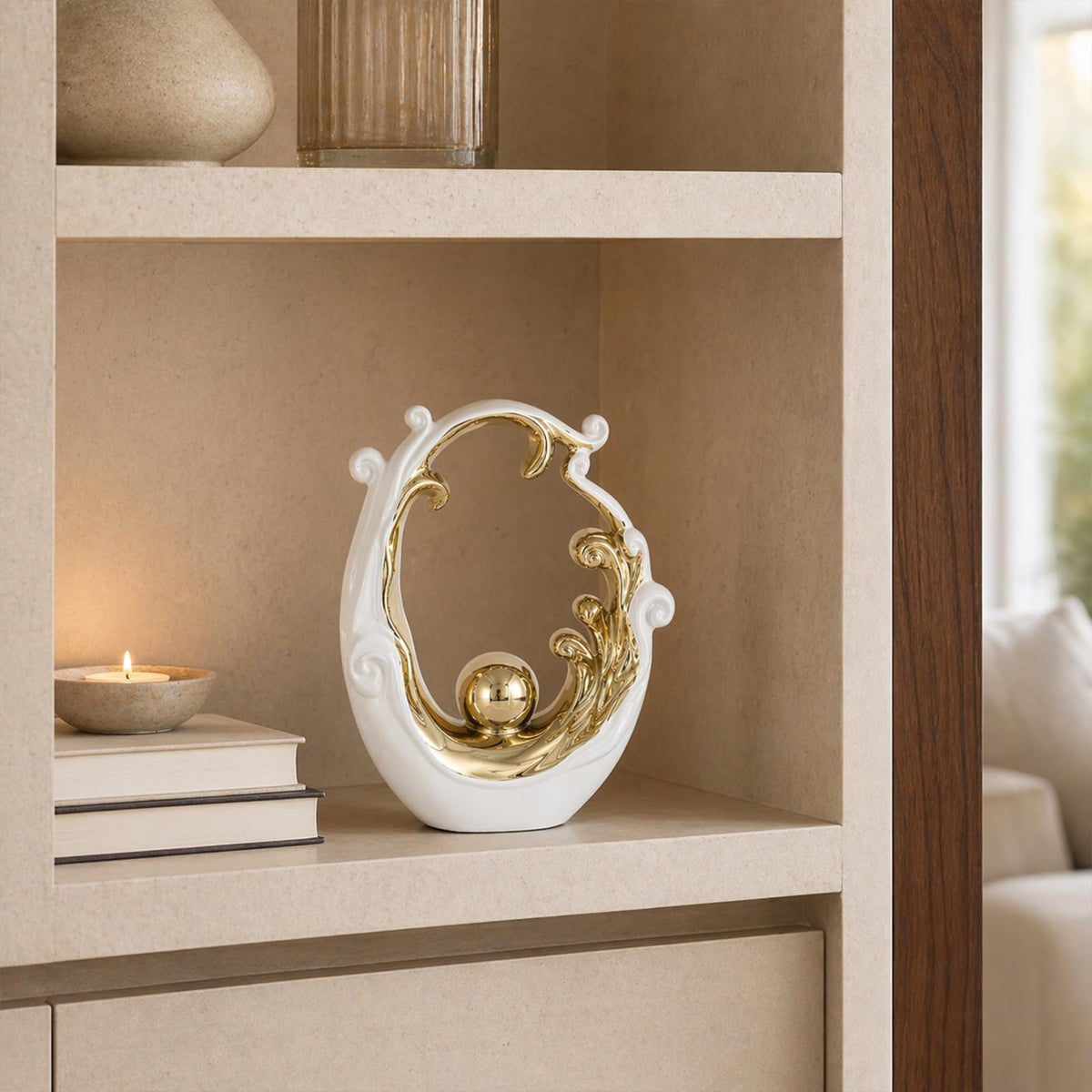 LINYTHER Abstract Ceramic Sculpture, White and Gold Modern Tabletop Statue Wave-Inspired, for Home Decor, Decorative Accent for Shelf, Mantel, Coffee Table, Console or Entryway