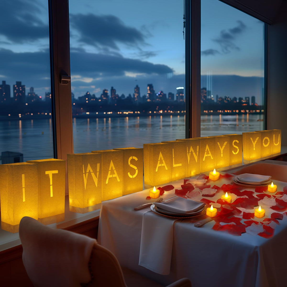 Homemory It was Always You Light Up Letters with Flameless Candles and 2000 Fake Rose Petals, Valentine's Day Luminary Bags Romantic Decorations Special Night for Proposal Wedding Anniversary