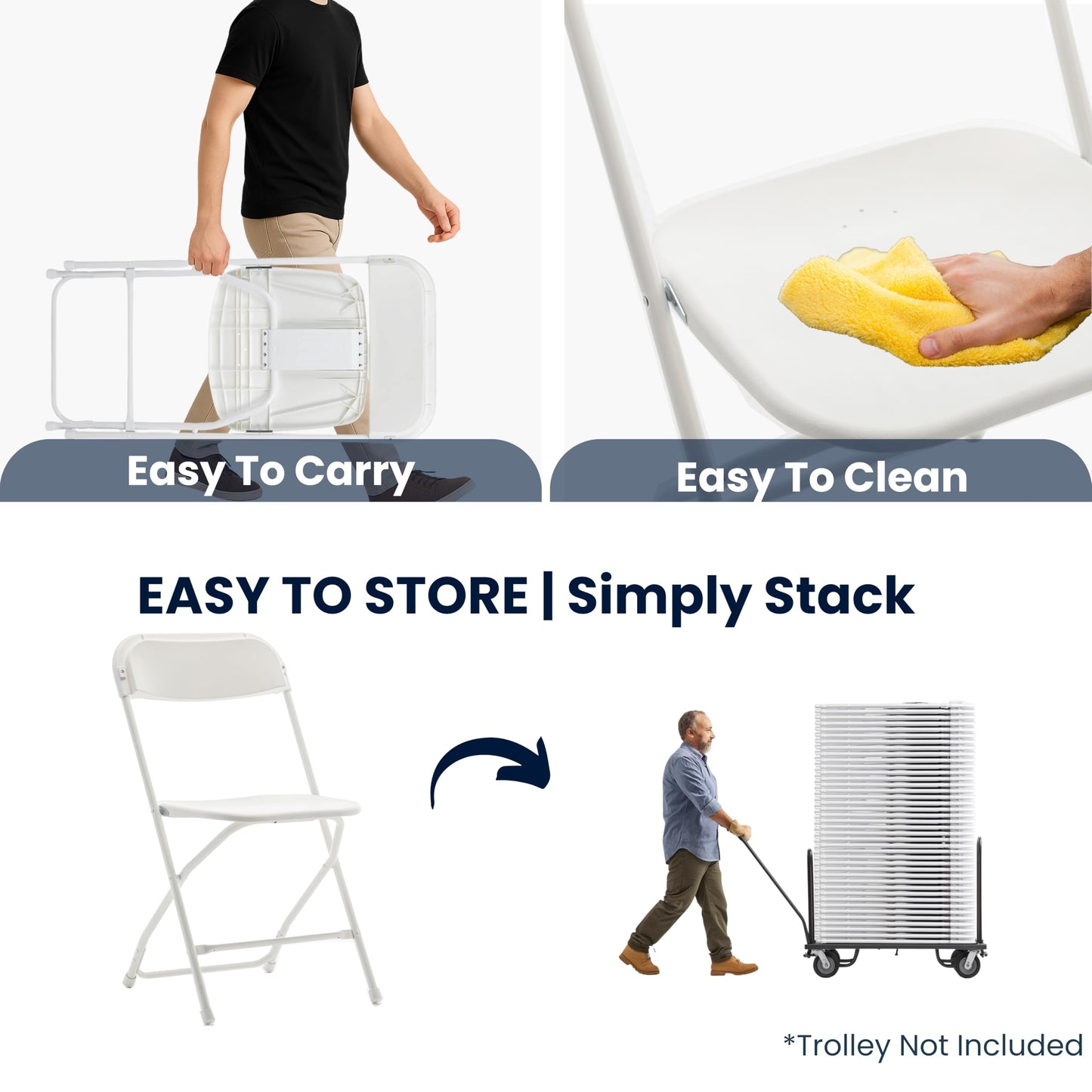 BTEXPERT White Plastic Folding Chair Steel Frame Commercial High Capacity Event Chair Lightweight Set for Office Wedding Party Picnic Kitchen Dining Church School