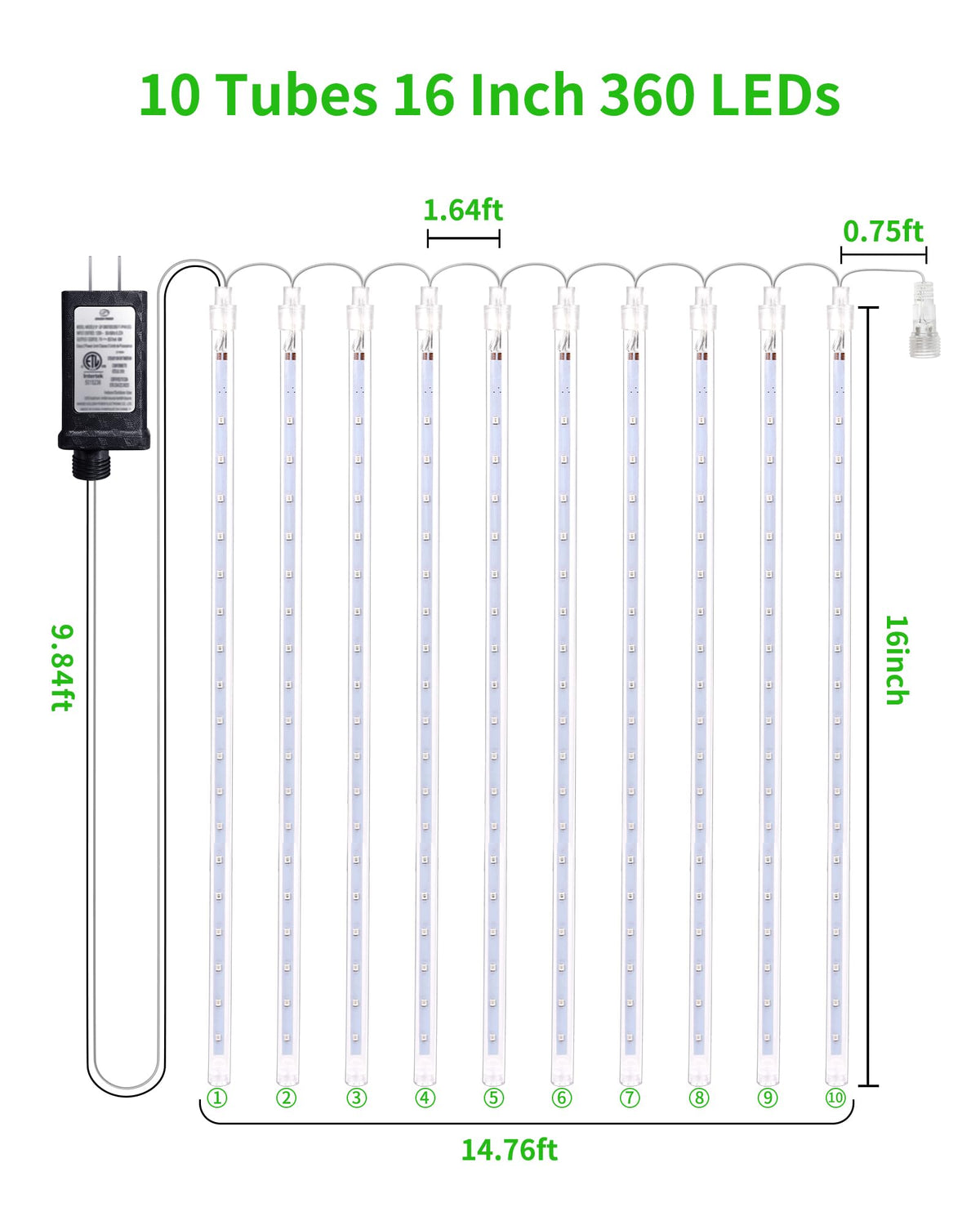 Blingstar Meteor Shower Lights Outdoor Christmas Lights, 16 Inch 10 Tubes 360 LEDs Falling Rain String Light with Timer, Waterproof Plug in Icicle Light for Tree Porch Roof Yard Xmas Decoration, Green