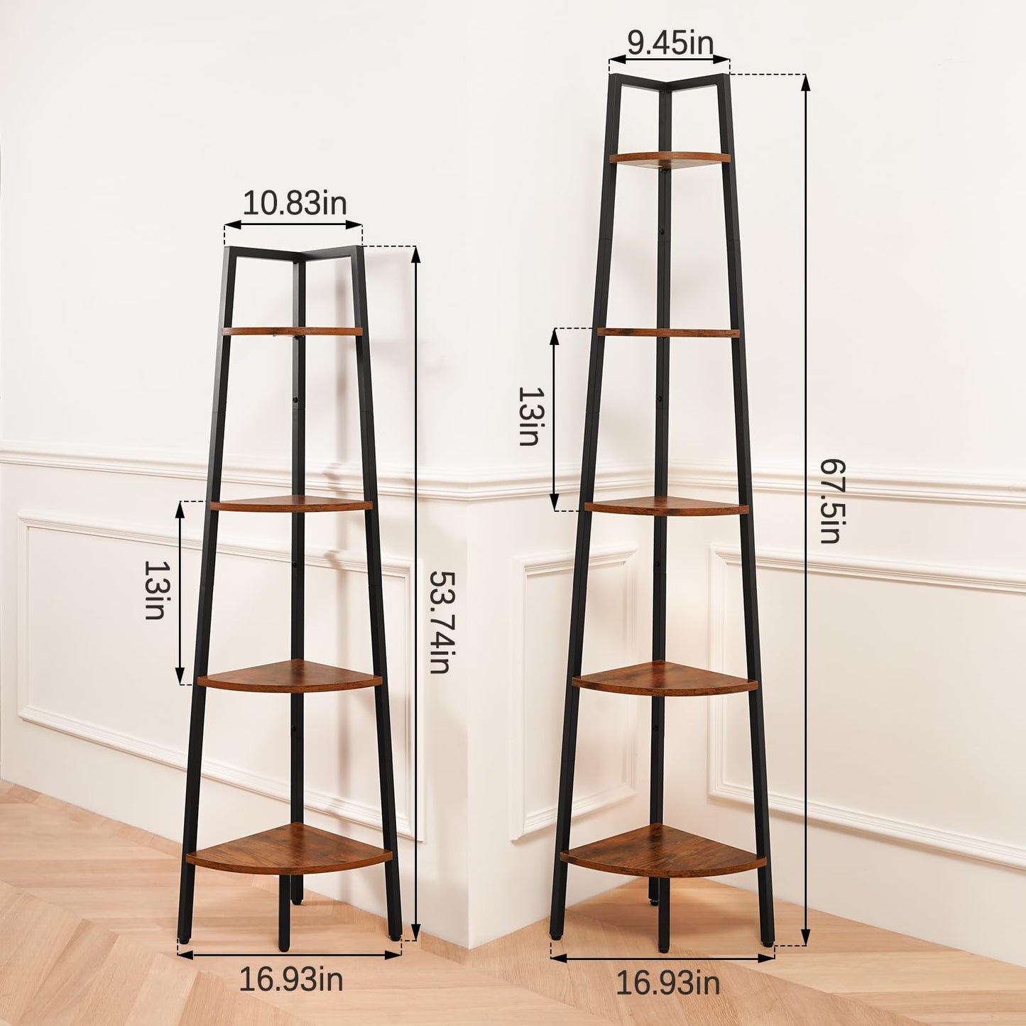 Yoobure Corner Shelf, 5-Tier Corner Bookshelf with Metal Frame & Wood Ladder Shelves - Display Shelf & Tall Bookcase, Plant Stand for Home Decor - Bedroom, Living Room, Office