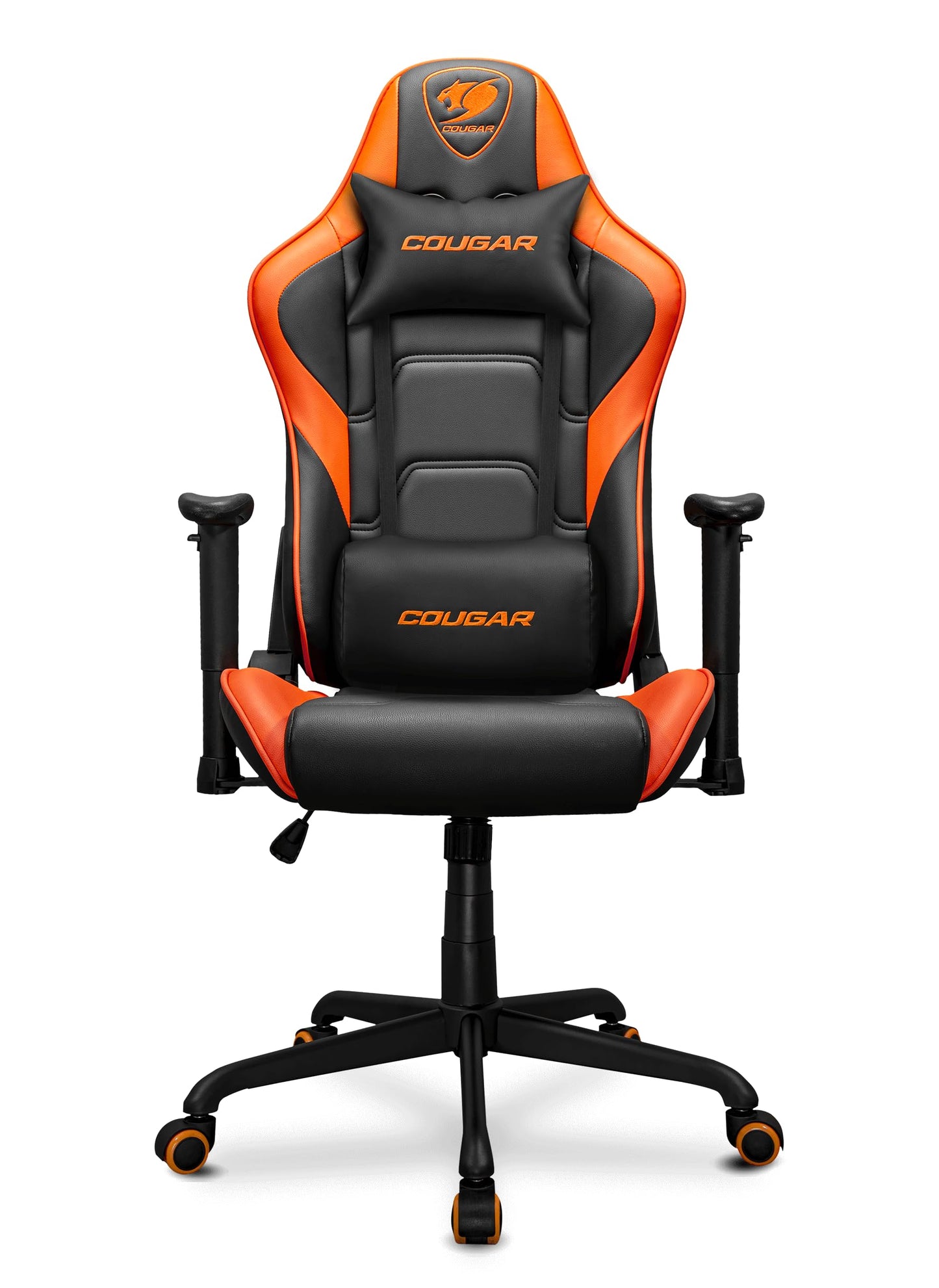 Cougar Armor Elite Ergonomic and Comfortable Gaming Chair with Head and Lumbar Support, Steel Frame and Base, Reclining Backrest, Tilt Mechanism, Premium Breathable PVC Leather, 2D Armrest, BK/Orange