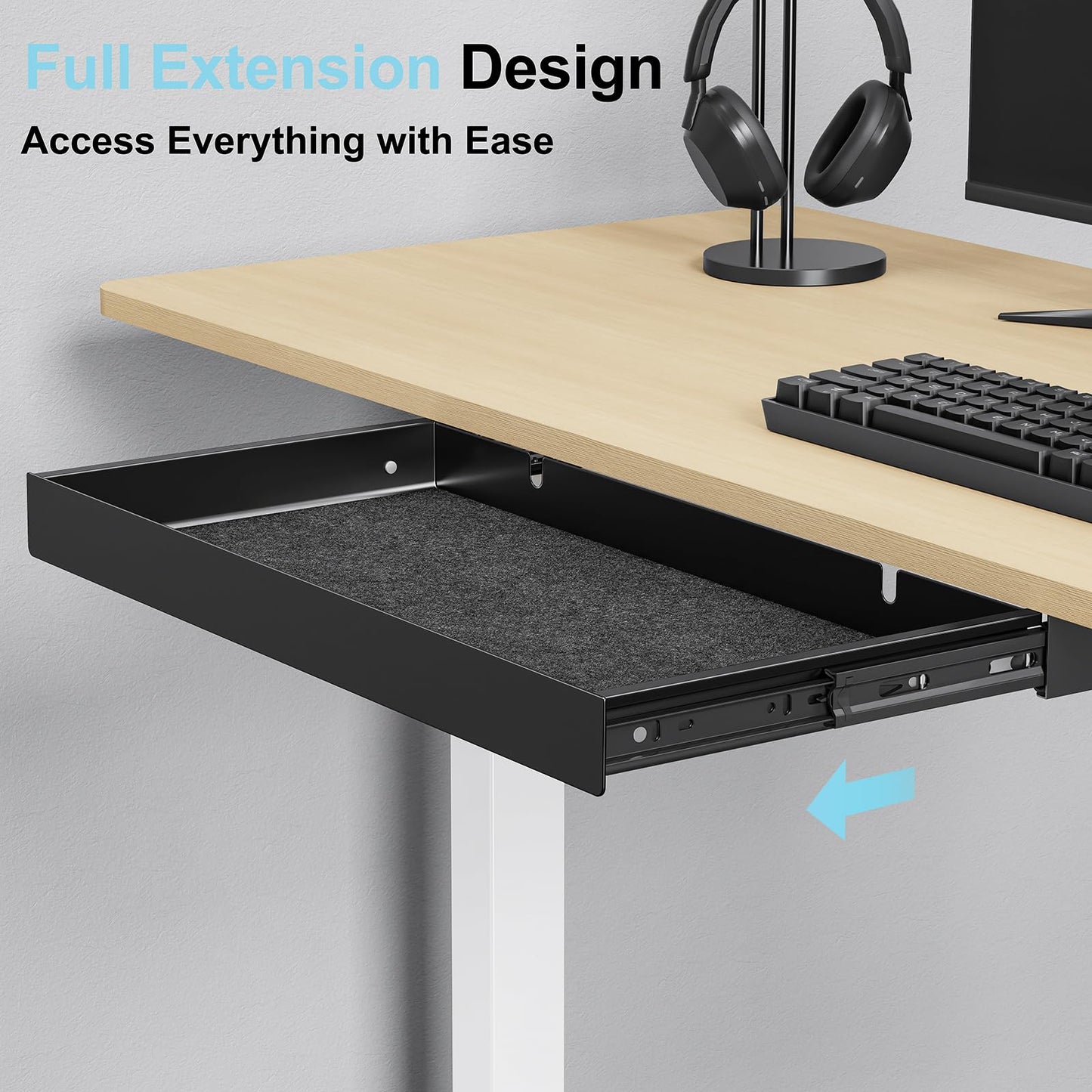 ERGO COLLECT Under Desk Drawer,20.1 inch Carbon Steel Slide-Out Under Table Storage Organizer With Full Extension Ball-Bearing Slides,Undermount Drawer For Standing Desk & Home Office,Black