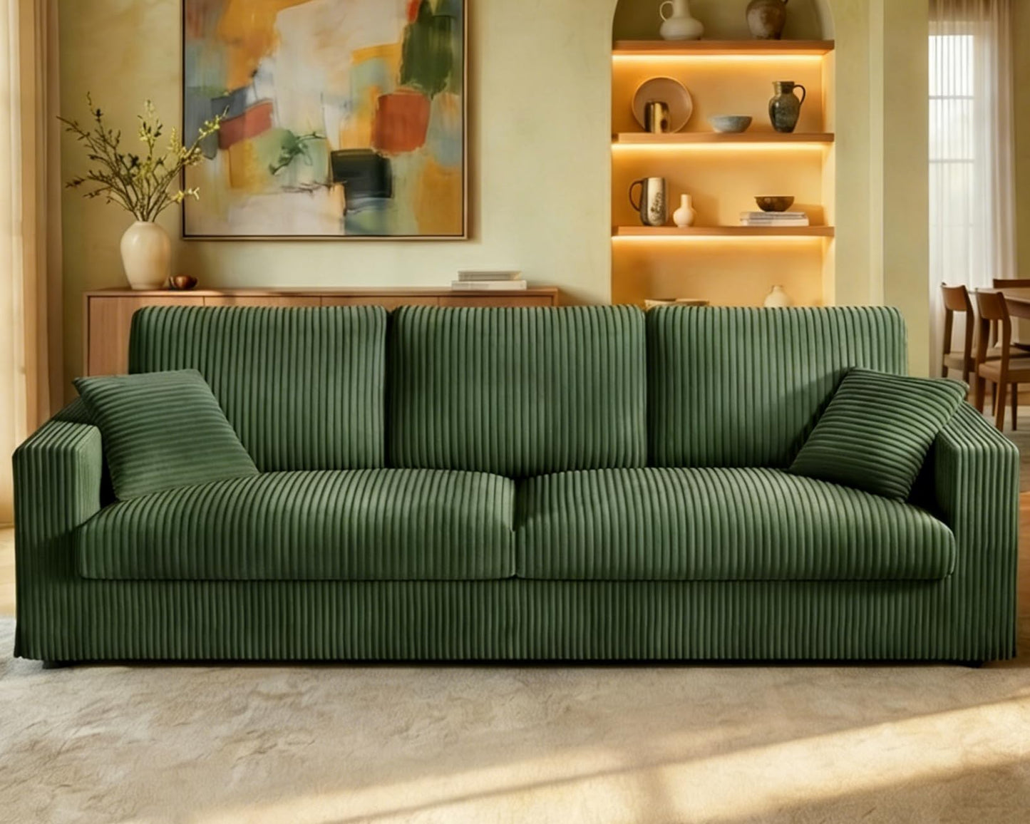 Welzona Plush Corduroy Couch, 101" Comfy Couches for Living Room, Tool-Free Setup Sofas for Living Room 6.3" Extra Wide Armrest, All-Wood Loveseat Sofa Couch for Bedroom/Office, 2 Pillows, Green