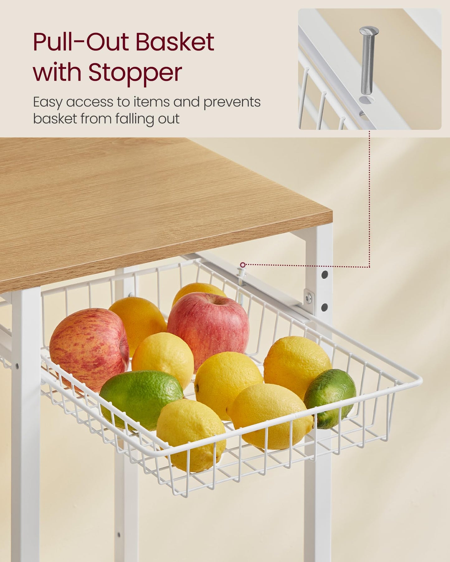 VASAGLE Bakers Rack with Power Outlet, 35.4 Inches Microwave Stand, Coffee Bar, 4 AC Outlets, with Adjustable Shelves, 8 S-Hooks, Basket, Spice Racks, Golden Oak and Cloud White UKKS031Y09