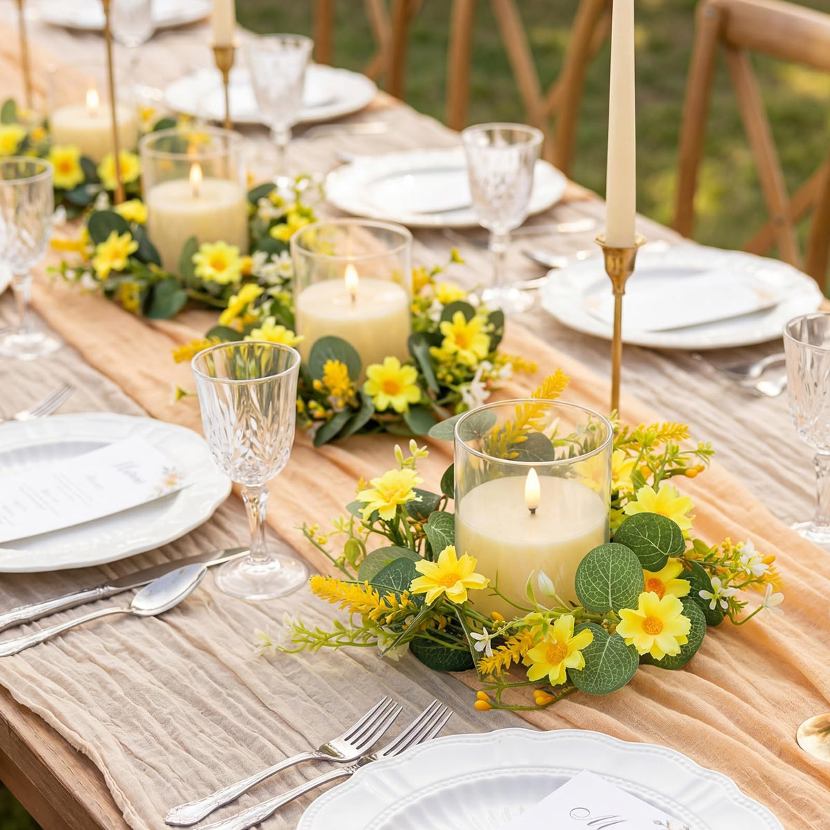 Yunlly 4 Pcs Artificial Daisy Candle Rings Wreaths, Yellow Flower Wreaths with Eucalyptus and Berry Greenery Garland with LED Flameless Candles for Spring Summer Easter Wedding Home Table Decor