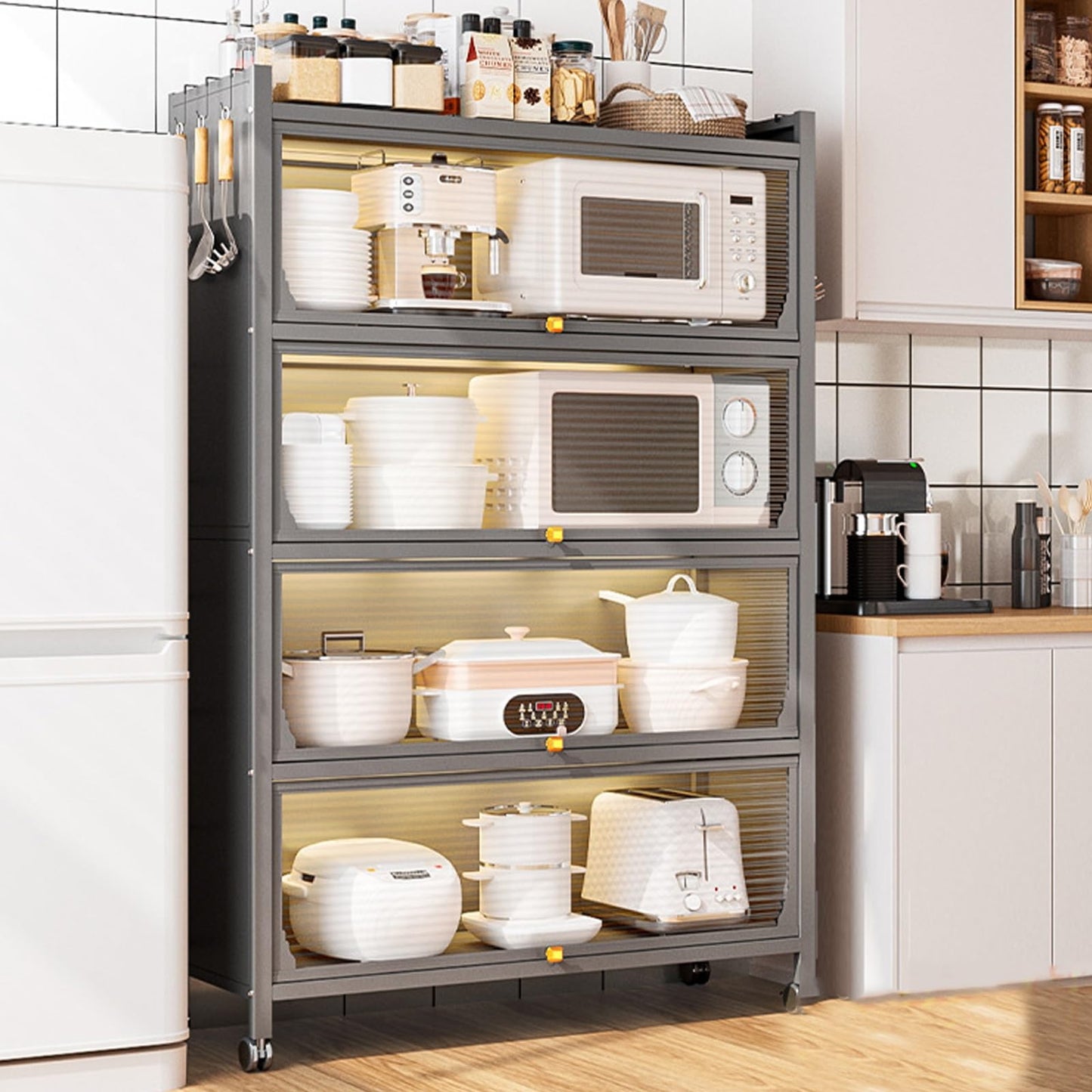 Kitchen Storage Cabinet - Microwave Oven Shelf & Bakers Rack, Transparent Flip Door, 70cm/28in for Kitchen, Home, Office, Pantry - Stylish & Functional Storage Solution in Gray