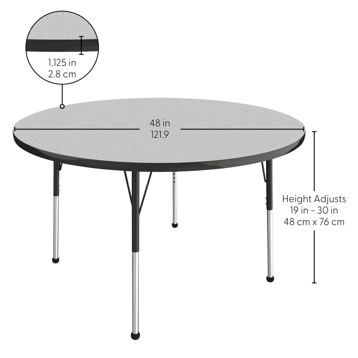 Factory Direct Partners FDP 48" Round Thermofused Classroom Activity Table with Standard Ball Glide Legs, Adjustable Height 19"-30" - Gray/Black, 10138-GYBK