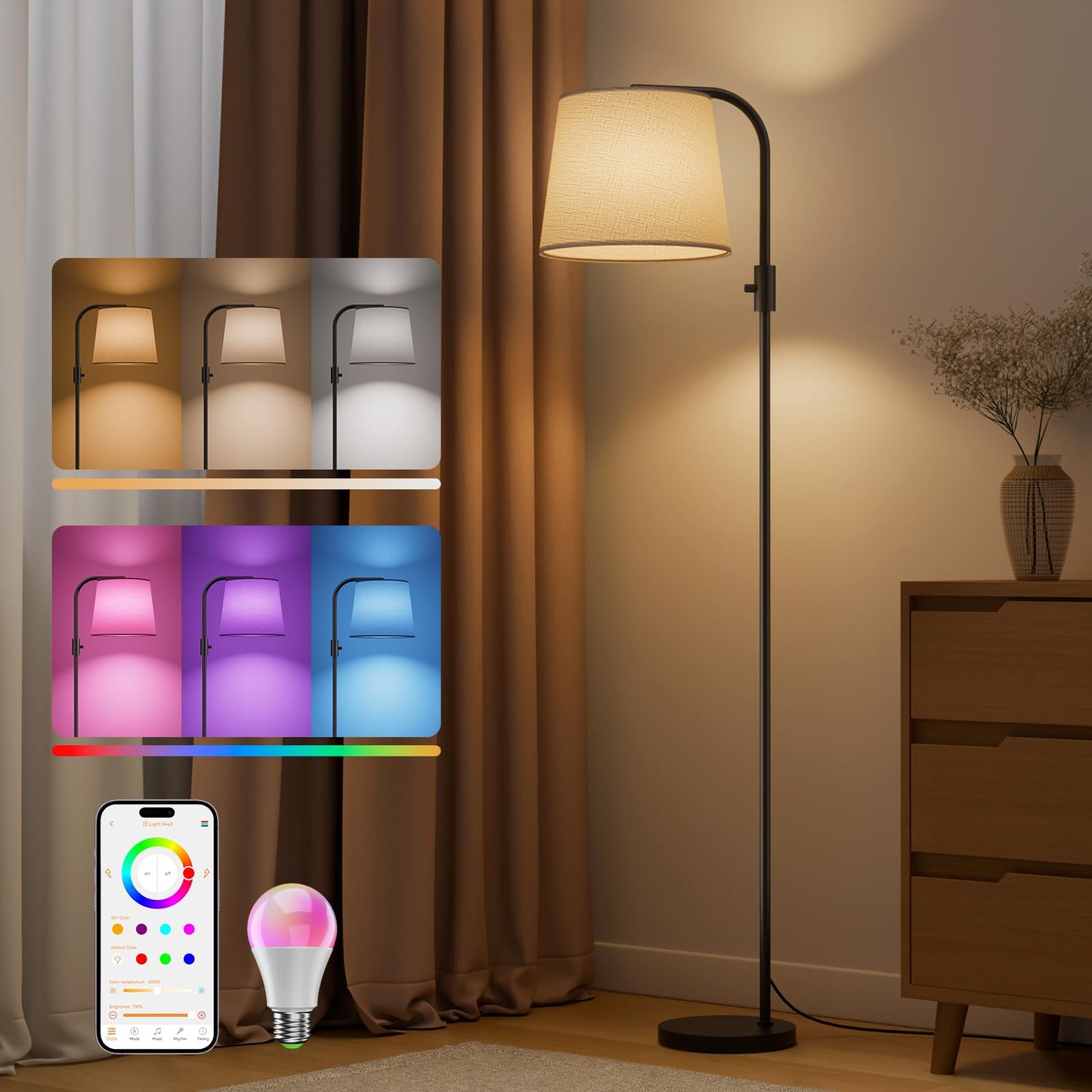 VARICART Smart Arc Floor Lamp, 65" Compatible with Alexa & App Control, RGB Color-Changing & 2700K-6000K, 1%-100% Dimmable, Music Sync, 1200lm, 350° Swivel Woven Linen Shade, No Registration Required