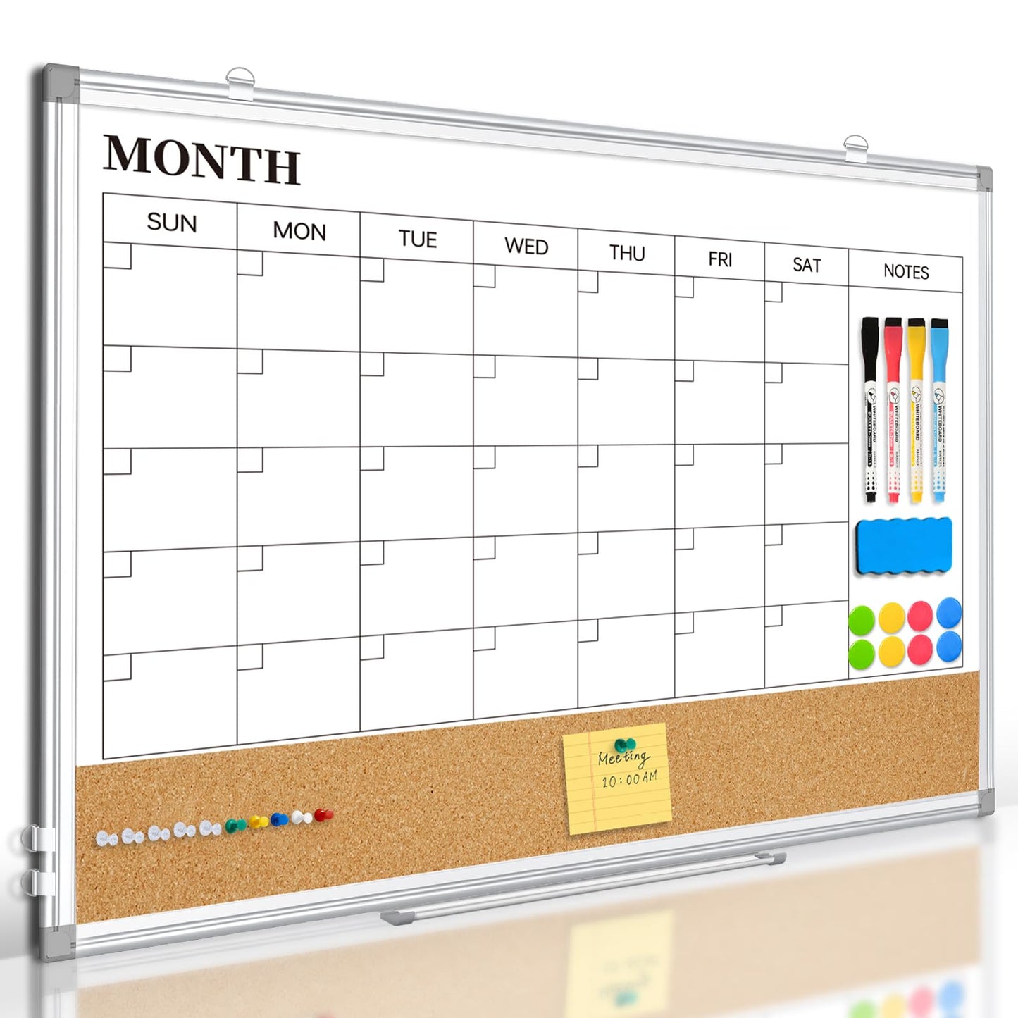 QUEENLINK Large Dry Erase Calendar for Wall, 36"x24" Double-Sided Magnetic Whiteboard Calendar with Cork Board, Aluminum Frame Monthly White Board Memo Message Board for Office, Home, School, Kitchen