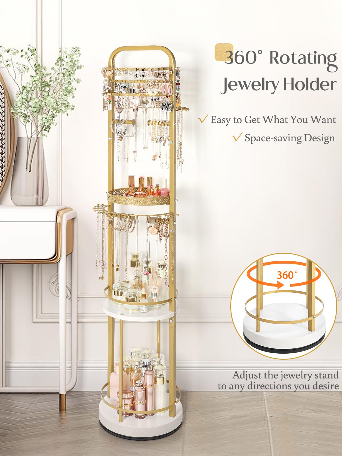 Jewelry Holder Organizer, Floor Jewelry Organizer with Earring Organizer Necklace Holder, Rotating Jewelry Stand Necklace Display Earring Storage, Large Hanging Jewelry Tree for Jewlery Bracelet Ring