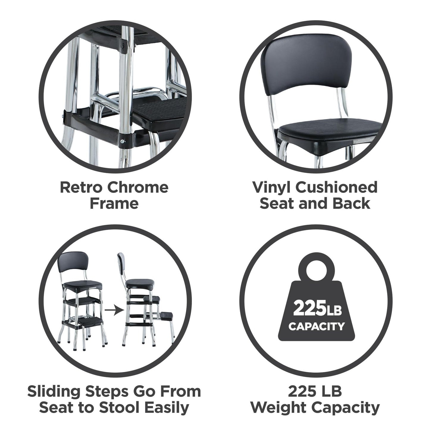 COSCO Retro Plastic & Vinyl Upholstered Stylair Retro Counter Height Chair with Step Stool, Comfortable Cushioned Seat and Back, in Black & Chrome Finish