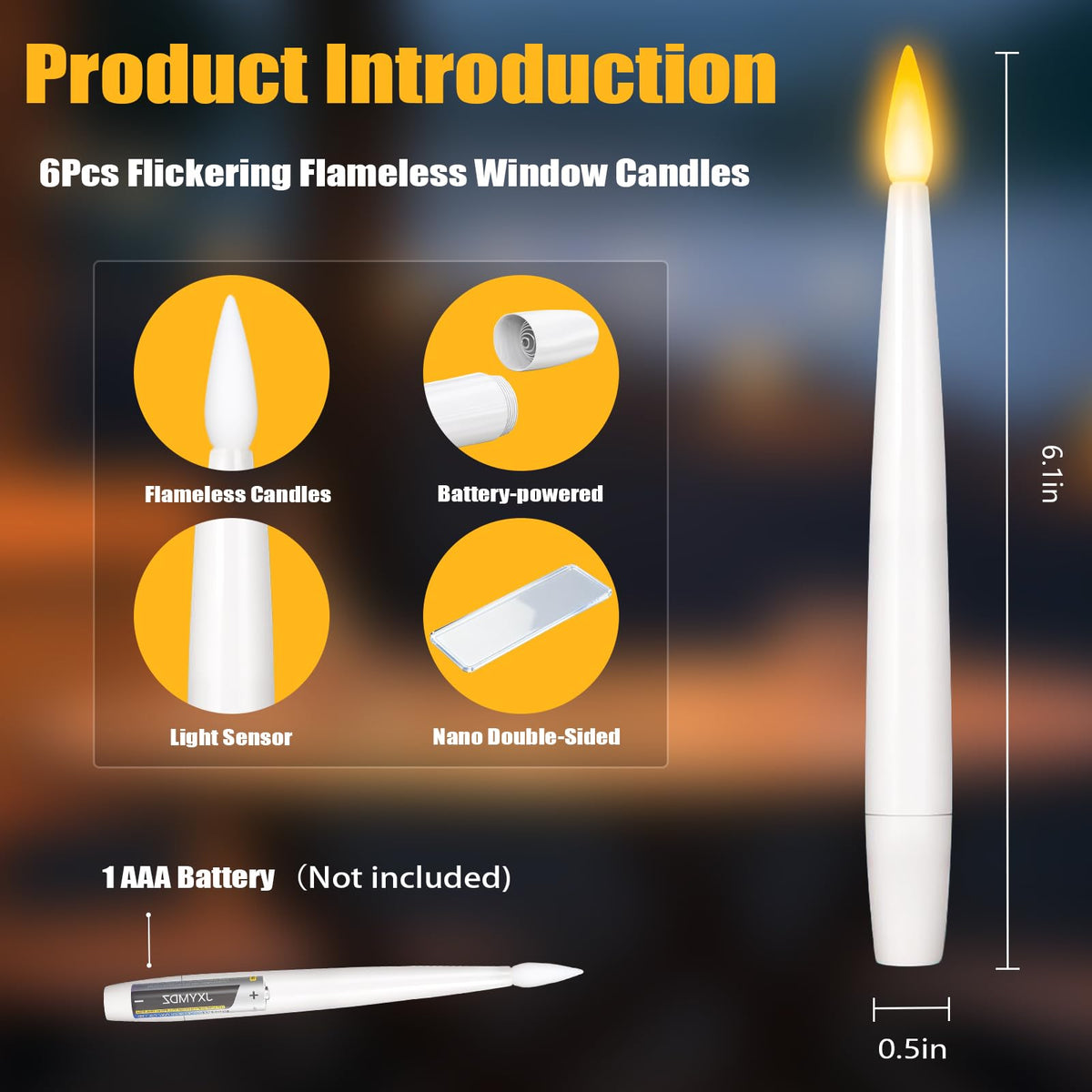 6.1" x 0.5" Window Candles with Sensor Dusk to Dawn, 6 Pcs Ivory Flameless Taper Candle with Dimmer Battery Operated with Nano Adhesive lasts up to 200+ Hours for XMas, Halloween Decor and Holiday