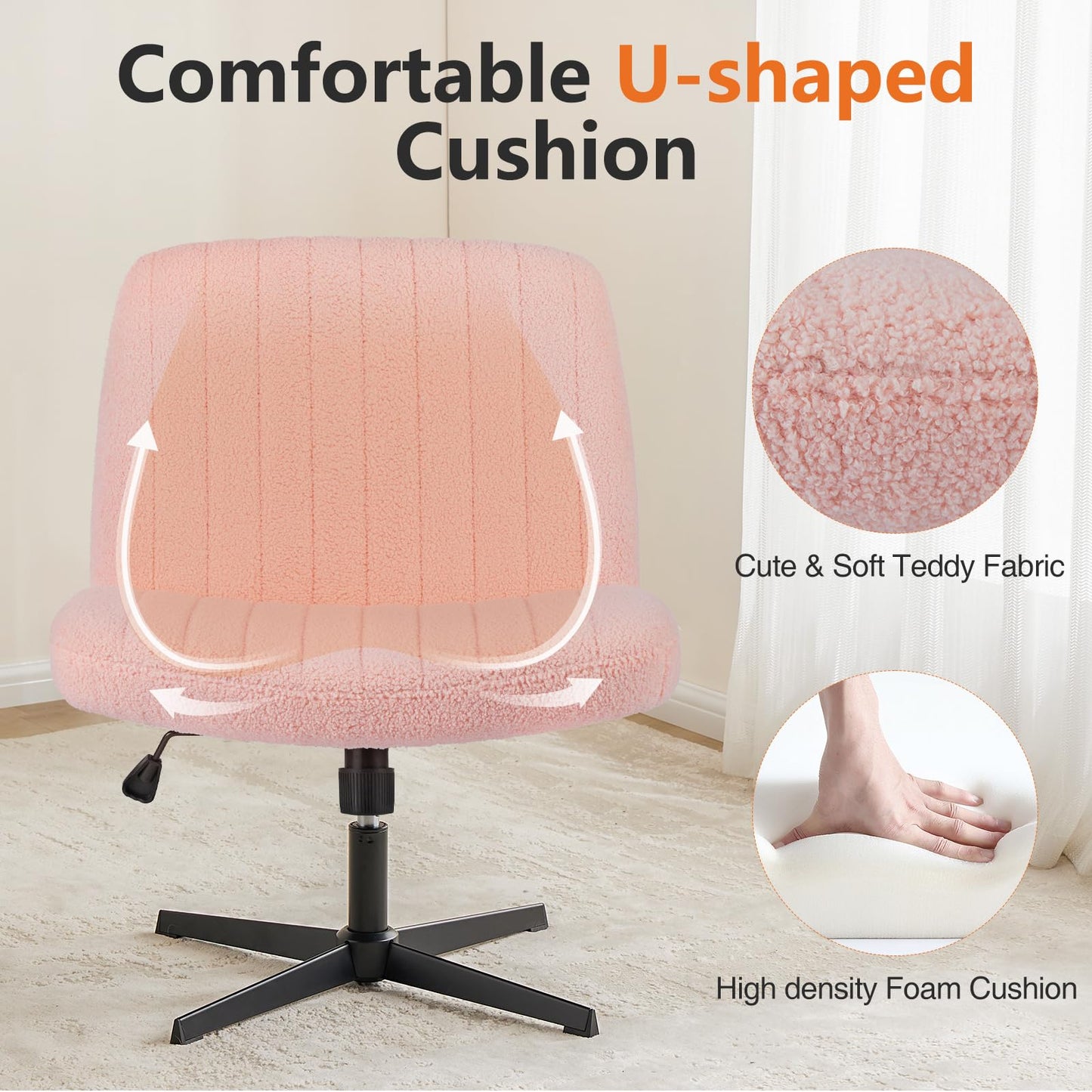 Sweetcrispy Criss Cross Chair Legged, Furry Armless Office Swivel Desk Chairs No Wheels, Vanity Height Adjustable Wide Seat Comfy Cute Computer Task Chair for Home Bedroom, Teddy Pink