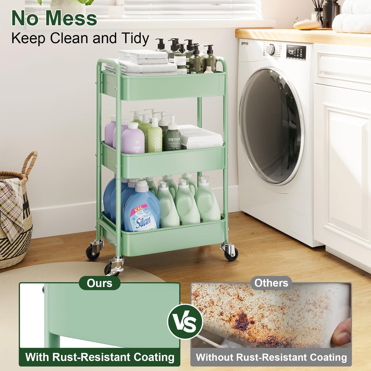 3 Tier Rolling Storage Cart Metal with Wheels, Green Baby Diaper Caddy Carts, Three Tiered Craft Cart Organizer on Wheels, Utility Roller Trolley for Art, Book, Snack, Office, Laundry, Bathroom Shelf