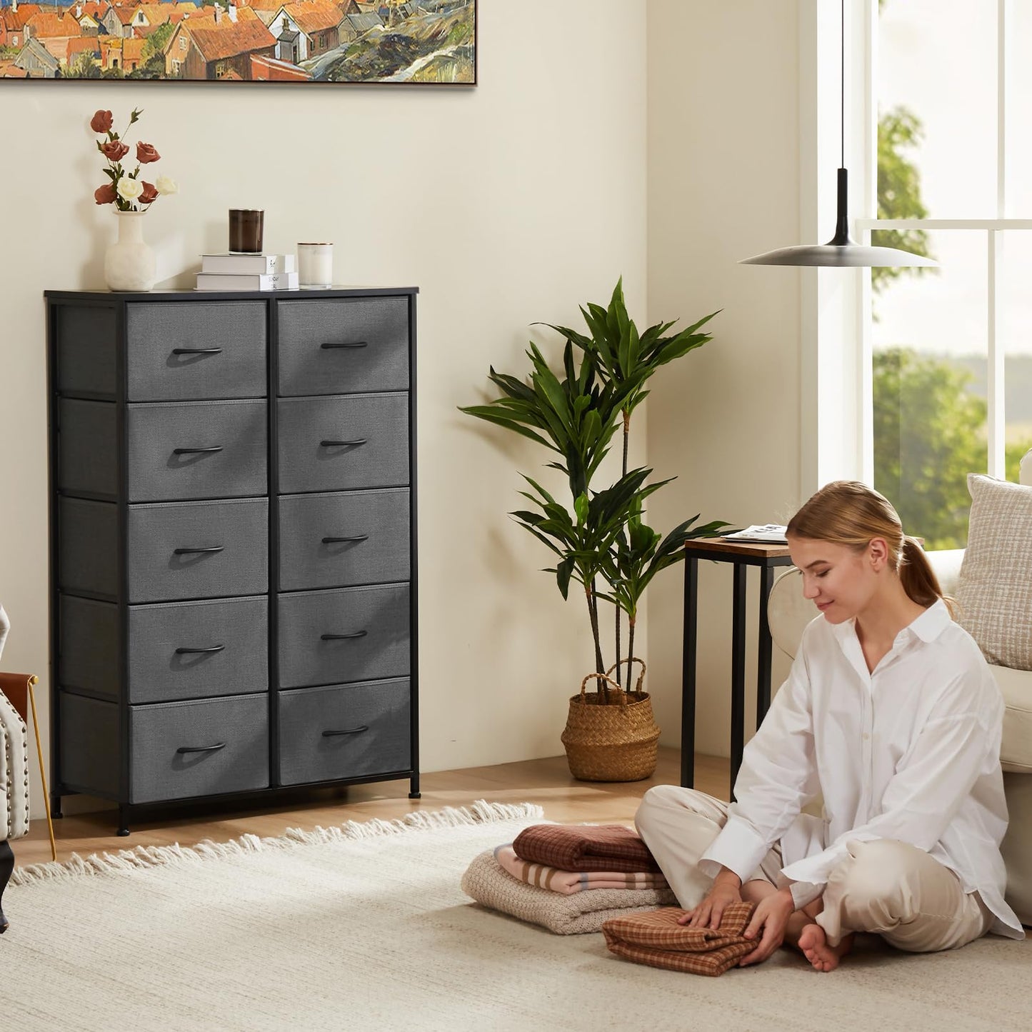 Sweetcrispy Dresser for Bedroom with 6 Storage Drawers, Fabric Storage Tower Organizer, Chest of Drawers with Metal Frame Wooden Top for Closet, Living Room, Entryway, Grey