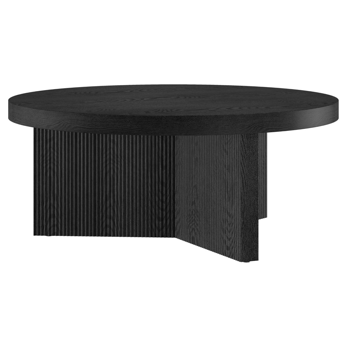 Henn&Hart 36" Fluted Round Low-Profile Coffee Table with Ribbed Pedestal Base for Living Room, Family Room, or Office, Natural Black