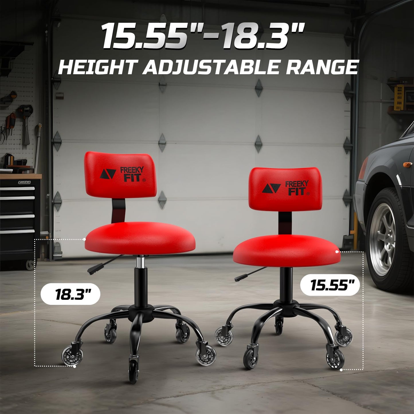 FreekyFit Rolling Shop Stool with Wheels, Mechanic Garage Short Stool Chair with Adjustable Height 15.55"-18.3", Heavy Duty Swivel Roller Seat for Garage, Salon and Tattoo Beauty, Red