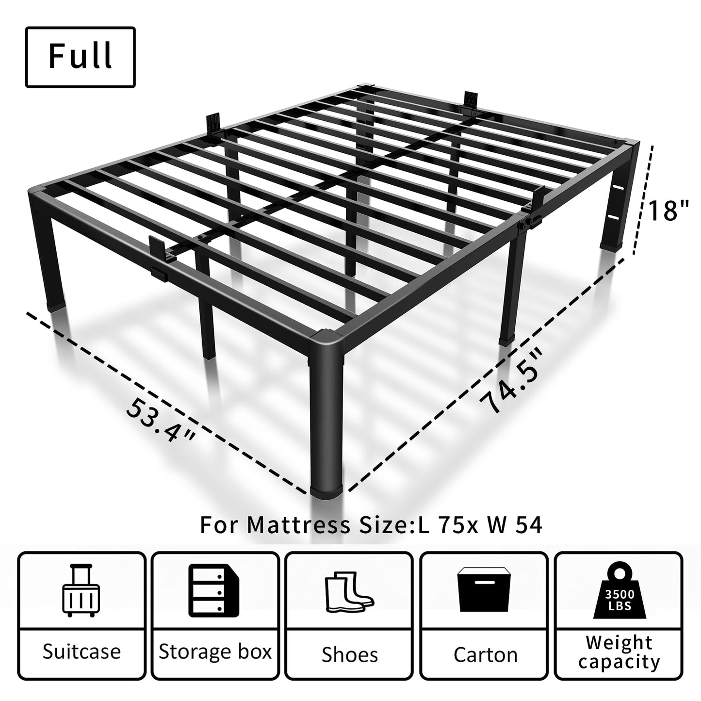 ROIL 18 Inch Full Size Bed Frame with Rounded Corner and Headboard Hole Mattress Retainers 3500LBS Metal Heavy Duty Steel Slats No Box Spring Needed Platform Noise-Free Easy Assembly