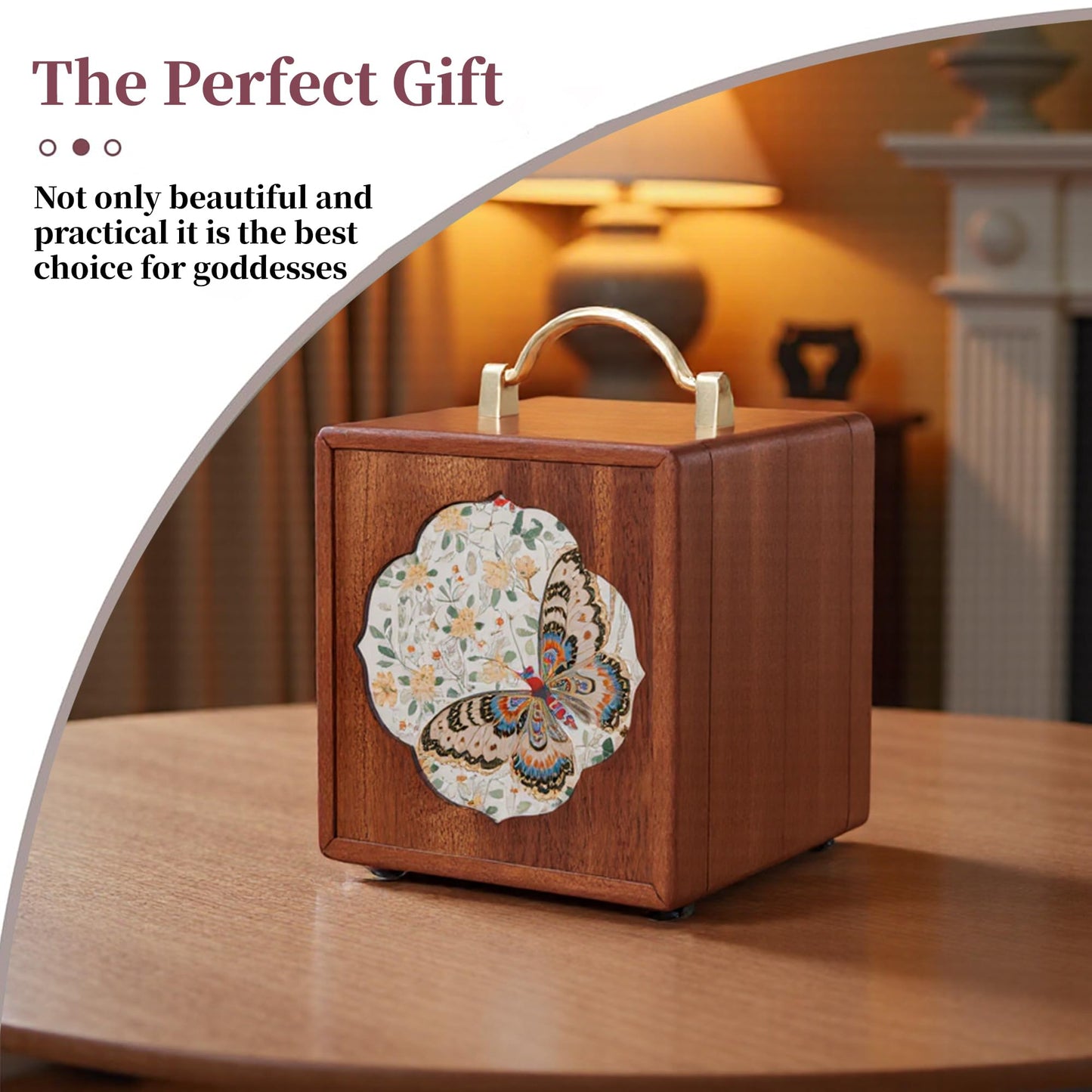 KAOTGOT Wooden Jewelry Box for Women 4 Tier Walnut Wooden Jewelry Box with handle (Butterfly Prints B)