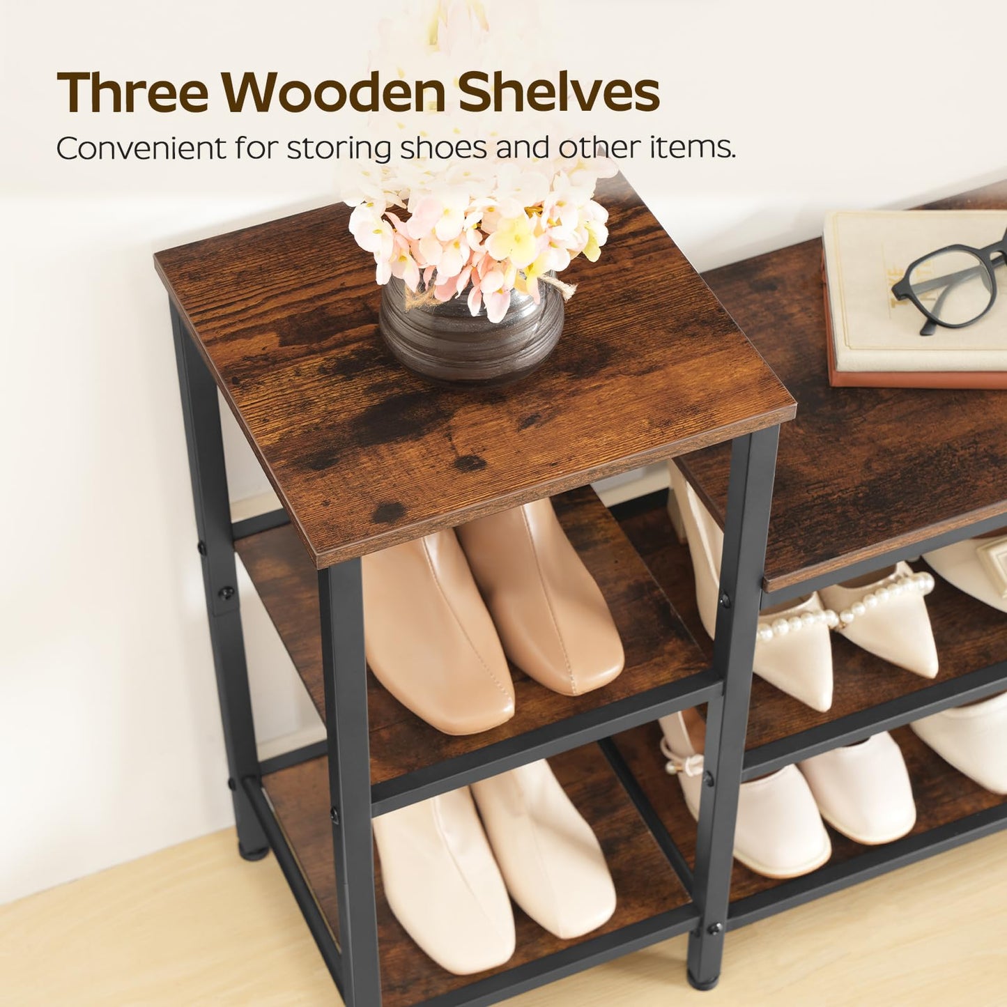 YATINEY 3-Tier Shoe Rack Bench, Wooden Shoe Storage Bench, Industrial Entryway Bench with Storage, Multi-Functional Shoe Rack with Seat for Bedroom, Hallway, Living Room, Rustic Brown and Black HX05BR