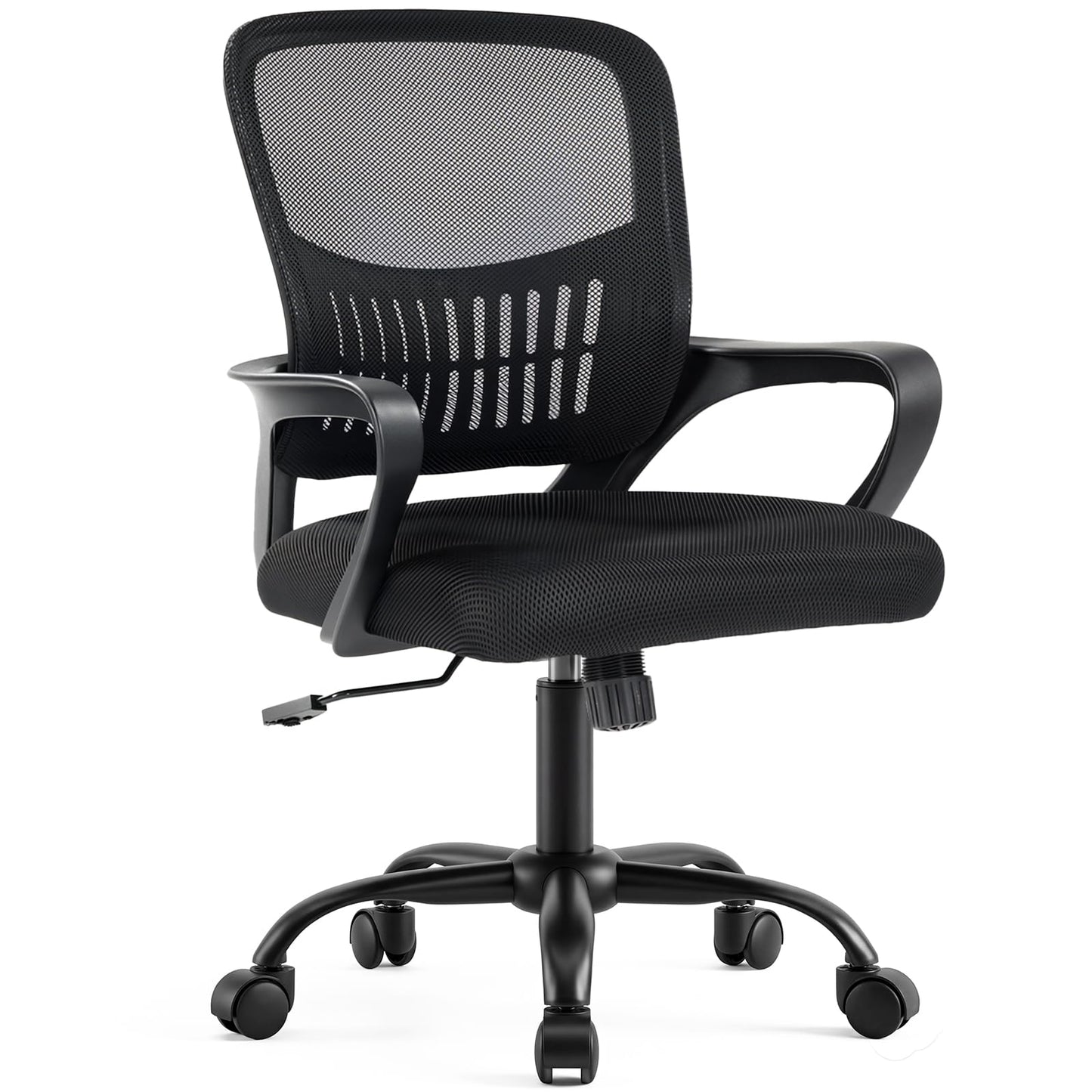 DUMOS Home Office Chair - Ergonomic Mid Back Mesh Desk Chair with Lumbar Support & Rocking Mode, Height Adjustable, Fixed Armrest, for Conference, Computer, 360° Swivel, Adults, Black