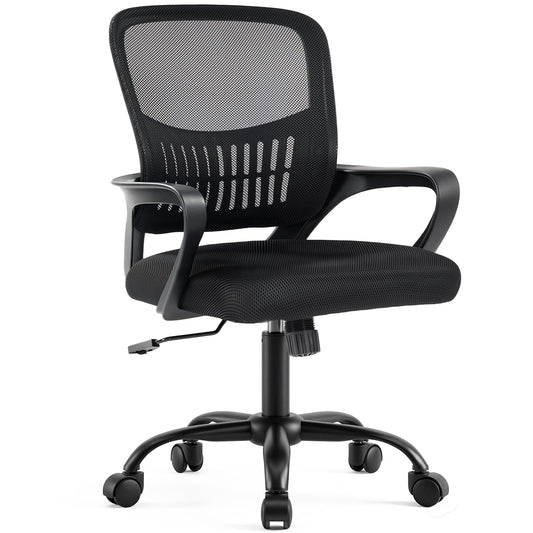 DUMOS Home Office Chair - Ergonomic Mid Back Mesh Desk Chair with Lumbar Support & Rocking Mode, Height Adjustable, Fixed Armrest, for Conference, Computer, 360° Swivel, Adults, Black