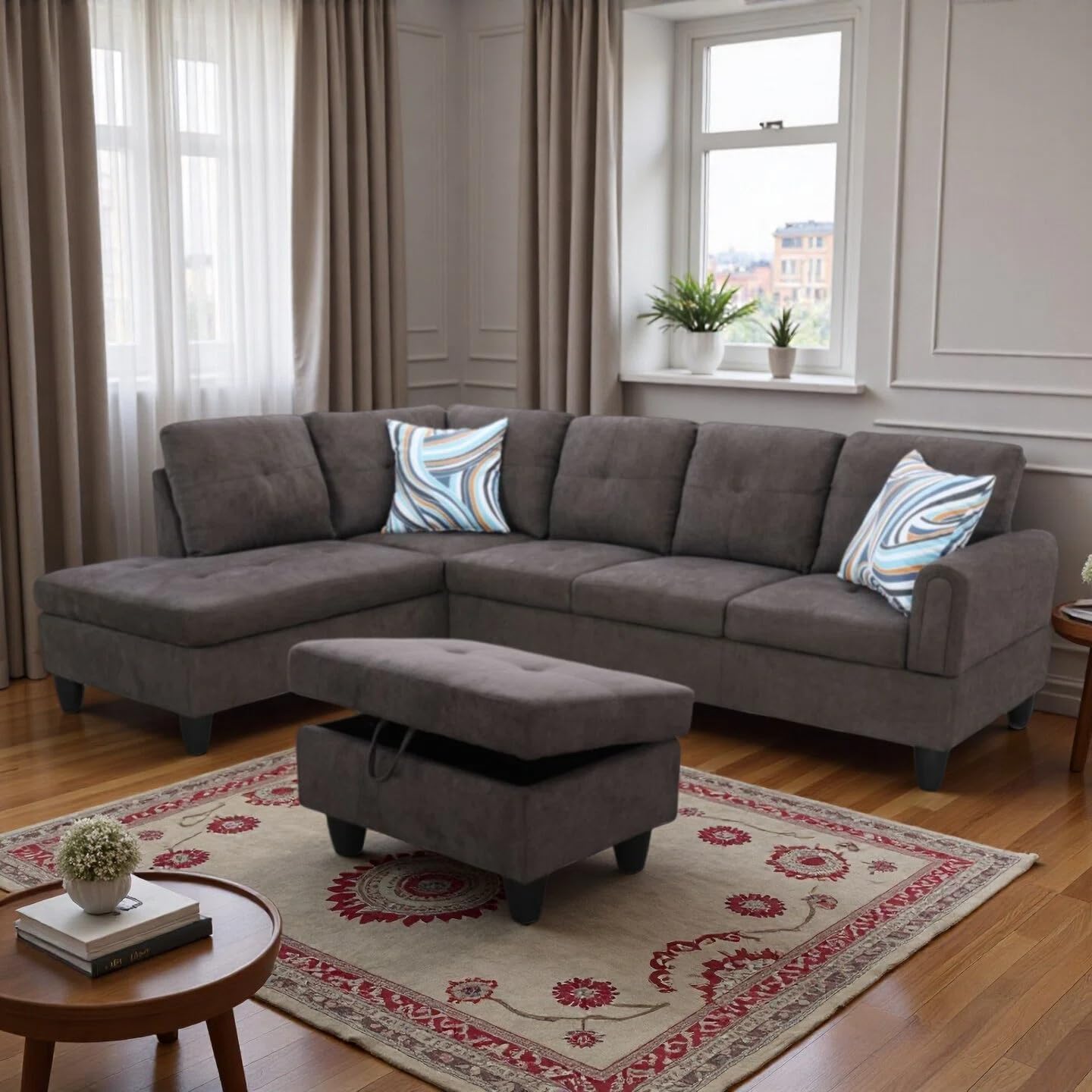 Trygoal 97" L Shaped Couch Sectional Couches with Chaise and Storage Ottoman, 3 Pieces Modular Convertible Sofa for Living Room Furniture Sets and Small Apartment, Dark Brown