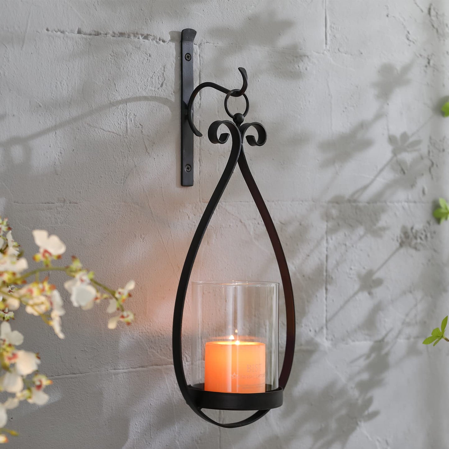 Wisiron Hanging Water Drop-Shaped Wall Sconce Wall Mounted Hurricane Candle Holder Glass & Metal Farmhouse Handcrafted Wall Art Decorations, Black Set of 2 HT21-0204B2