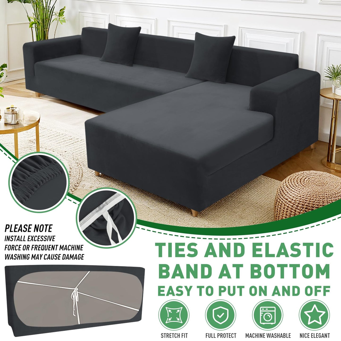 ZNSAYOTX 2026 Soft Velvet Sectional Couch Covers, Luxury Plush Slipcovers with Elastic Bottom for L Shape Sectional Sofa, 2 Pcs Pet Friendly Protector (3 Seat Couch + 2 Seat Chaise, Black)
