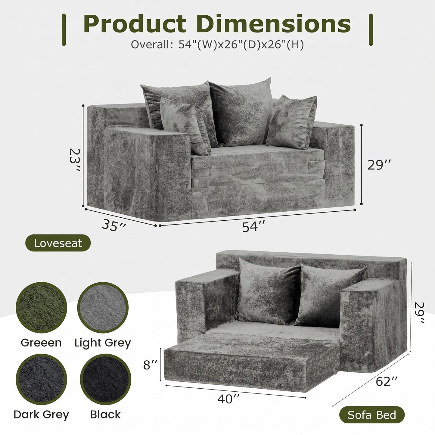 feliz home Boneless Loveseat Couches, Convertible Sofa Bed Folding Couch Bed, Boneless Chair Bed & Futon Sofa Bed, Small Pull Out Couch Foldable with 4 Pillows for Living Room, Light Grey