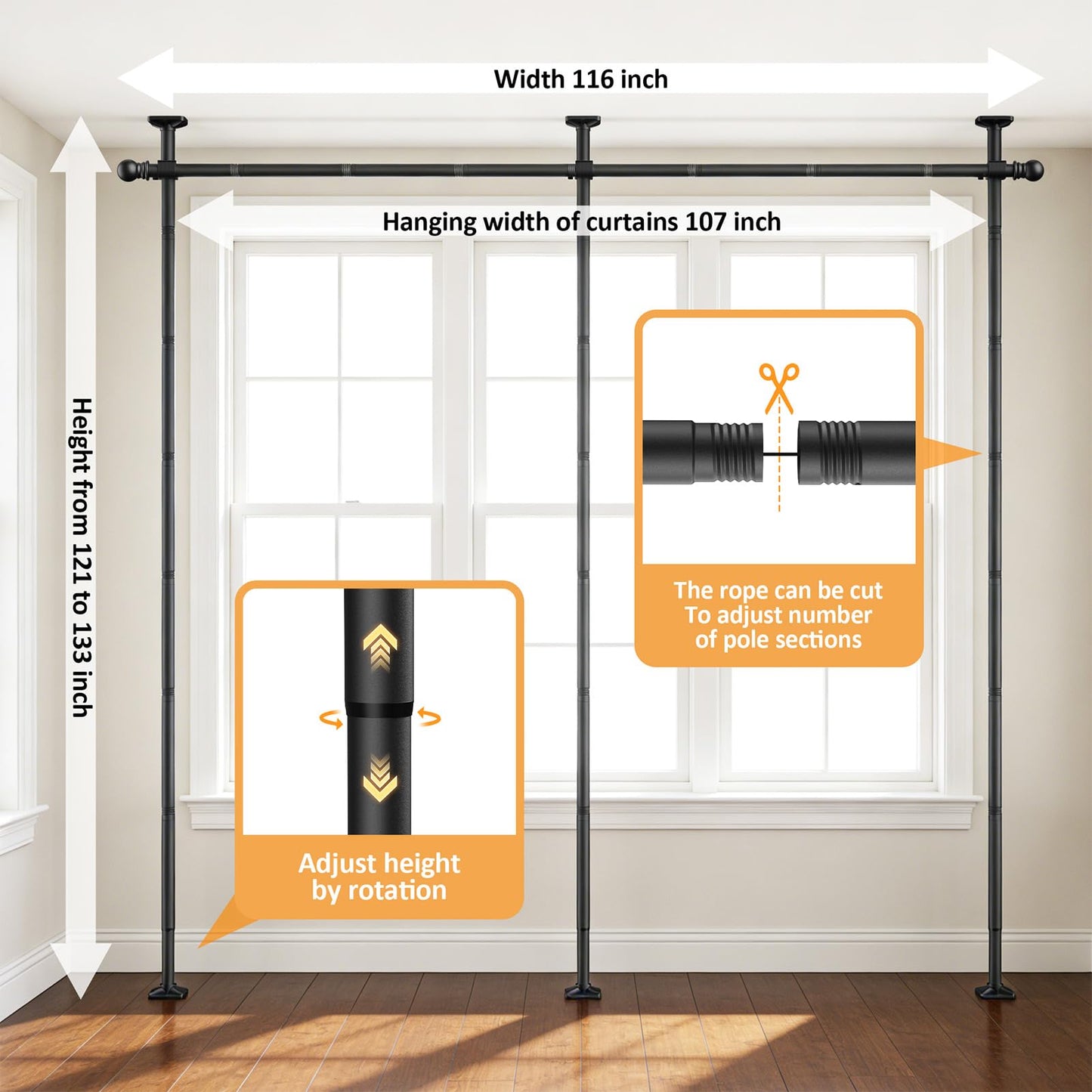 Room Divider Curtain Rod - Heavy Duty Adjustable Curtain Rod for Room Separation, Privacy Room Divider for Bedroom, 10-11ft(H) 58-116inch(W),Easy Install Wall Divider Curtain Rod,Black